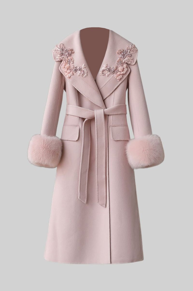 Cashmere Overcoat With Fox Fur Cuffs And 3D Floral Detailing - Pink