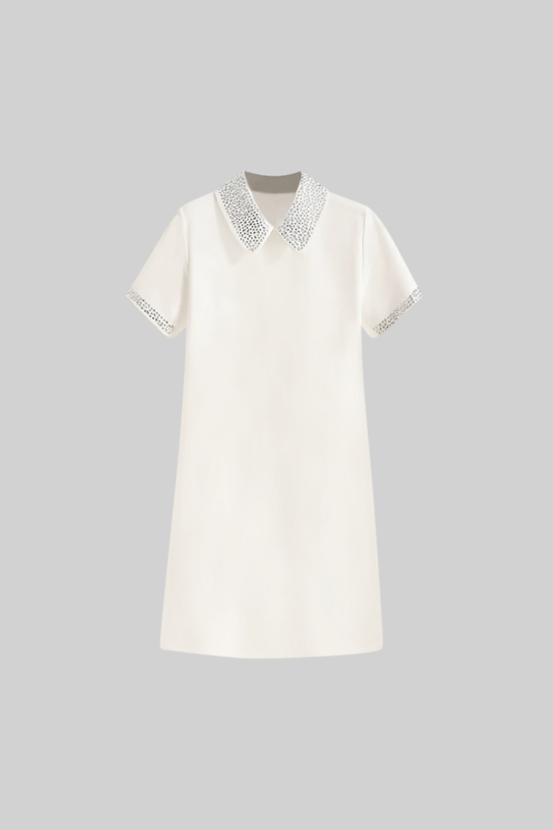 Short Sleeve Classic Dress with Jewel Collar - White