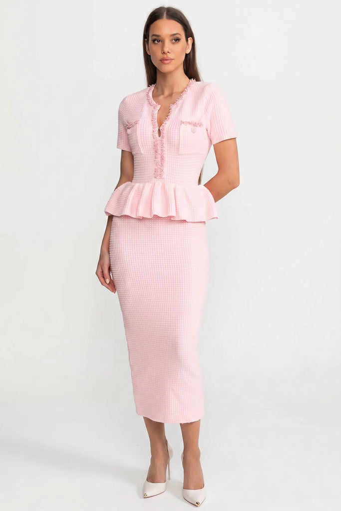 Textured Knit Midi Dress with Peplum Waist Detail – Baby Pink