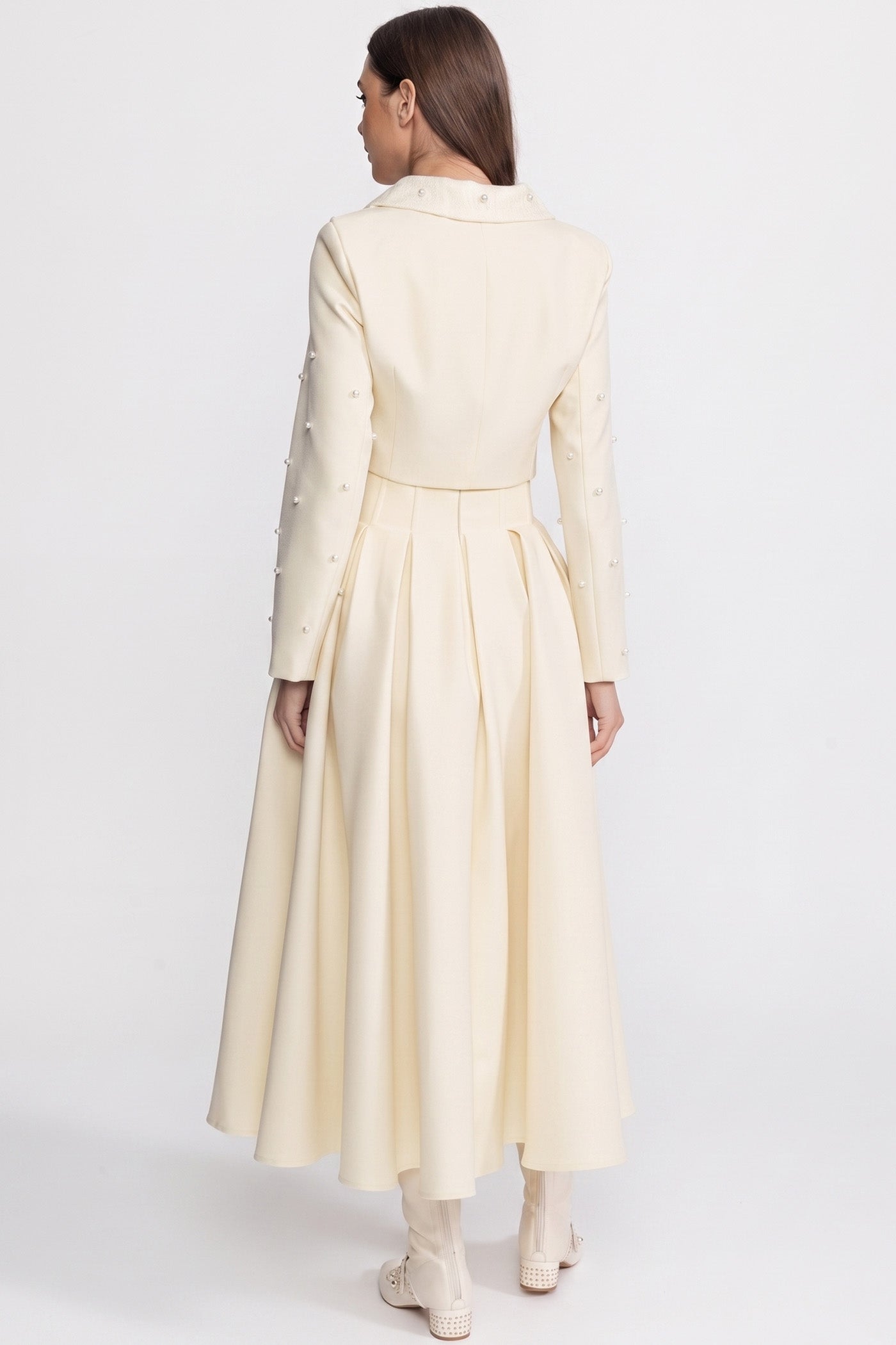 Pearl-Embellished Co-Ord Set with Cropped Jacket and Full Skirt – Ivoire