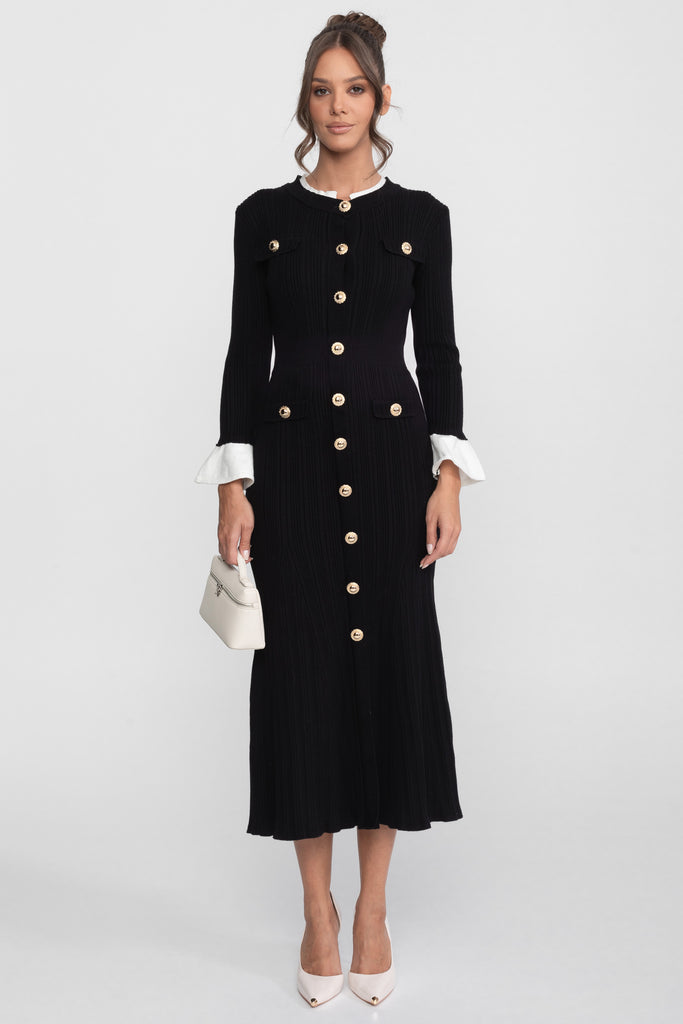 Ribbed Knit Midi Dress With White Cuffs And Collar - Black