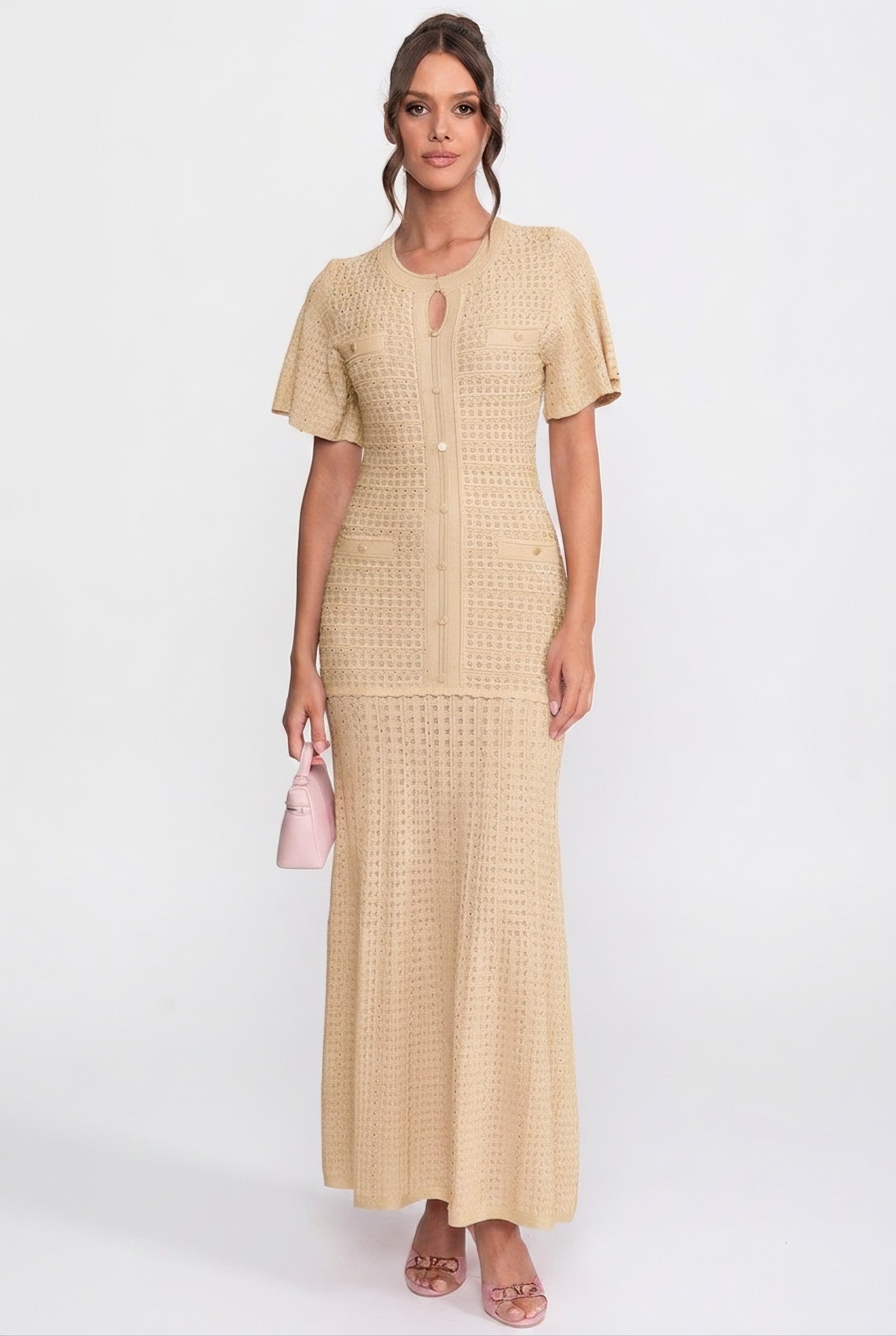 Short Sleeve Midi Dress With Shimmer Knit Texture - Beige