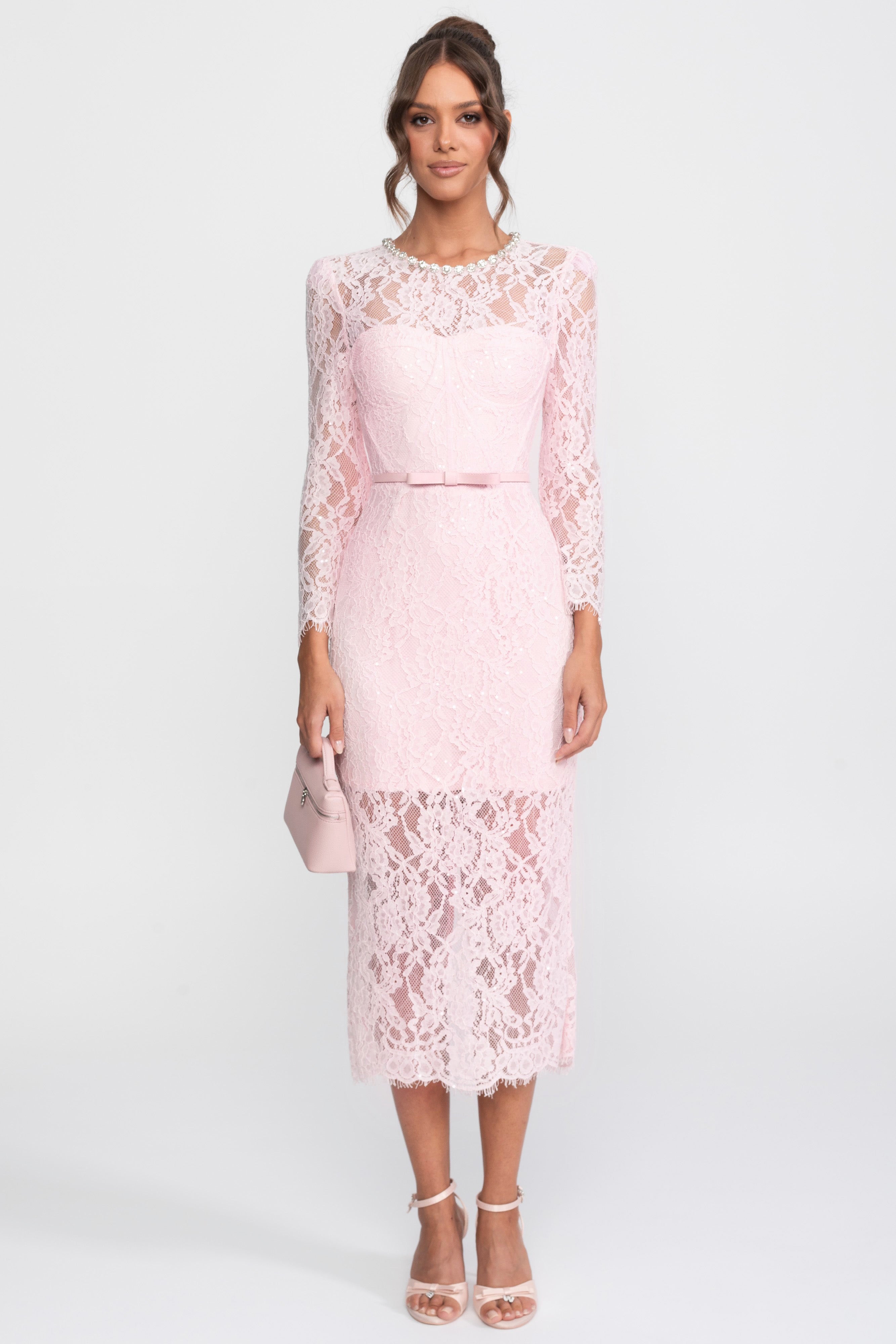 Lace Trim Midi Dress With Crystal Neckline And Matching Belt - Pink