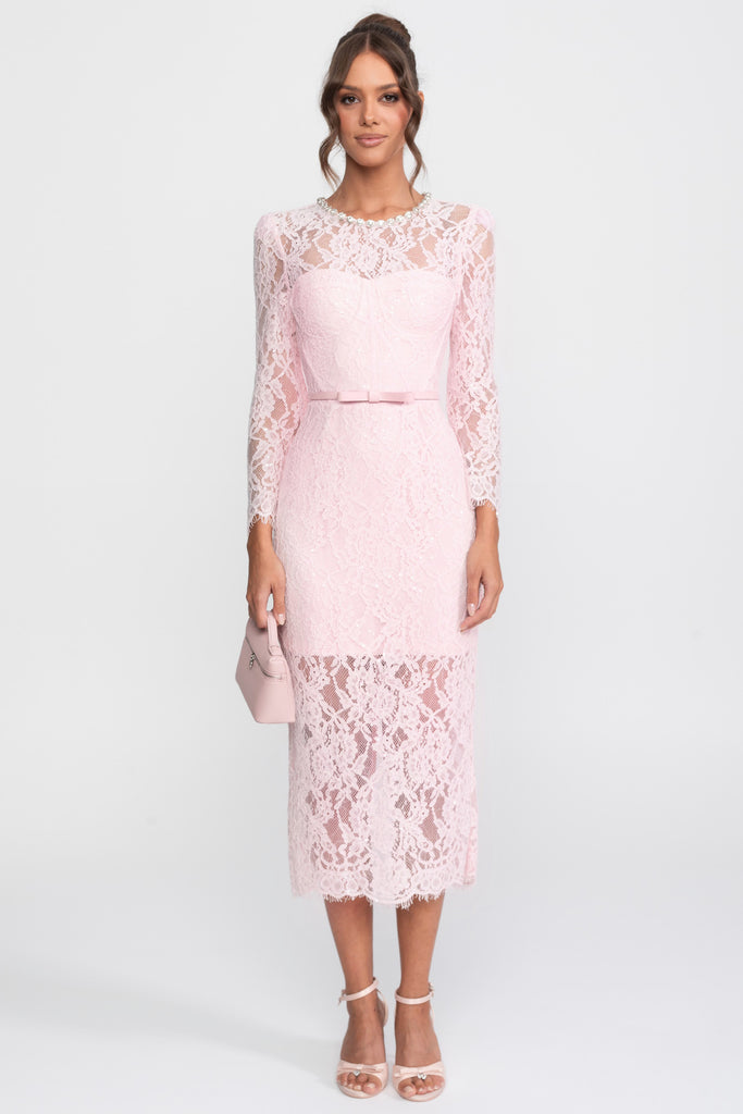 Lace Trim Midi Dress With Crystal Neckline And Matching Belt - Pink