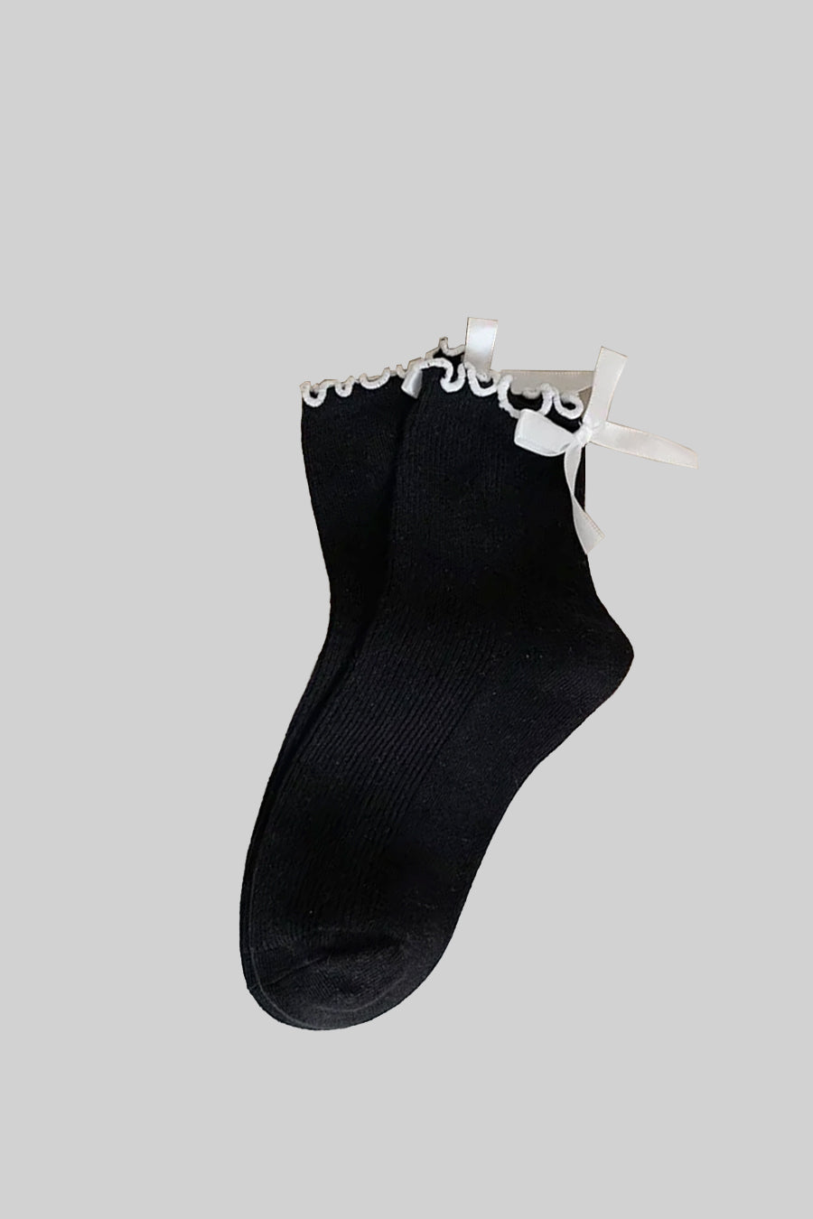 Ribbed Socks (x3) With White Bow And Ruffled Trim Accents - Black