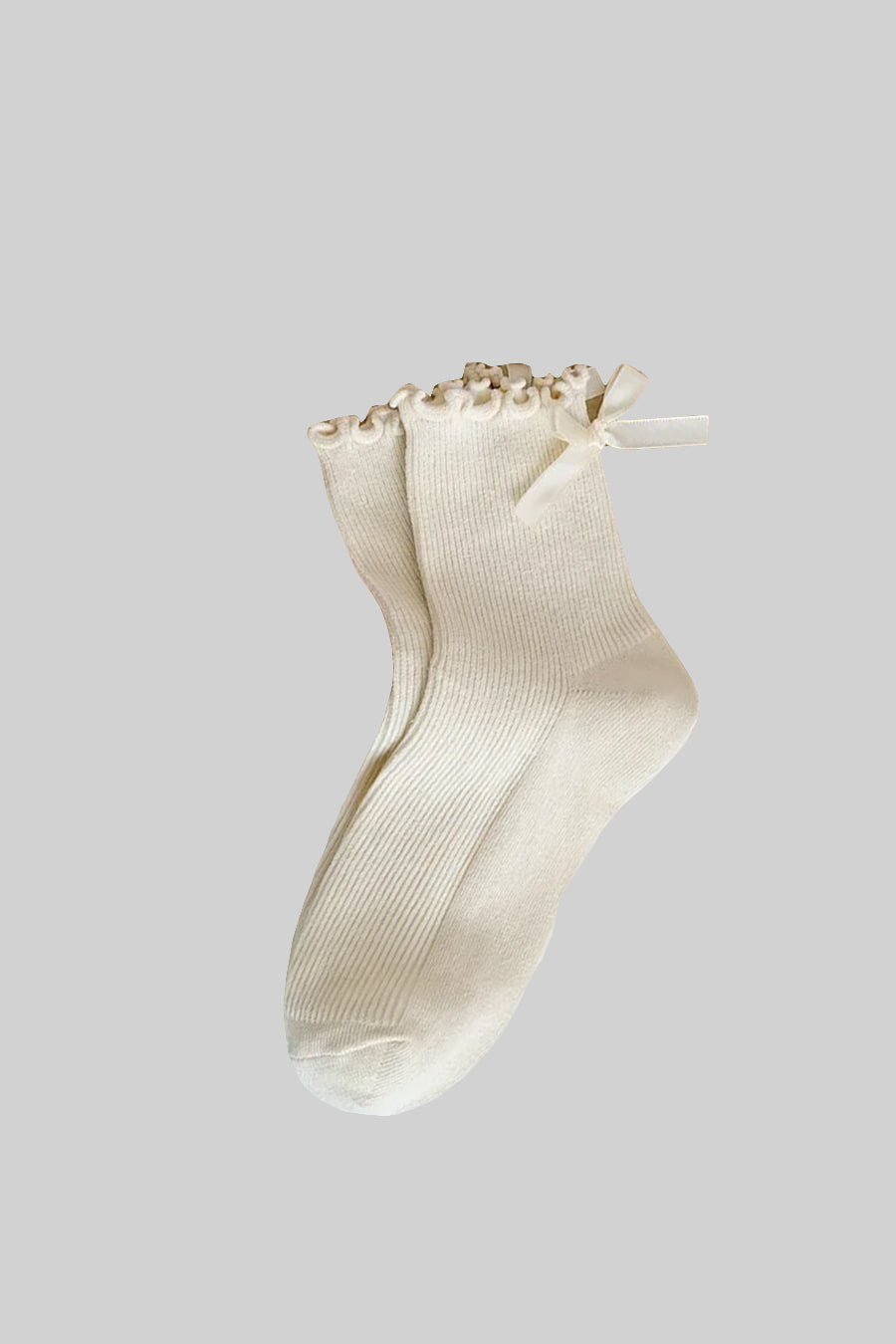 Ribbed Socks (x3) With Bow And Ruffled Trim Accents - Beige