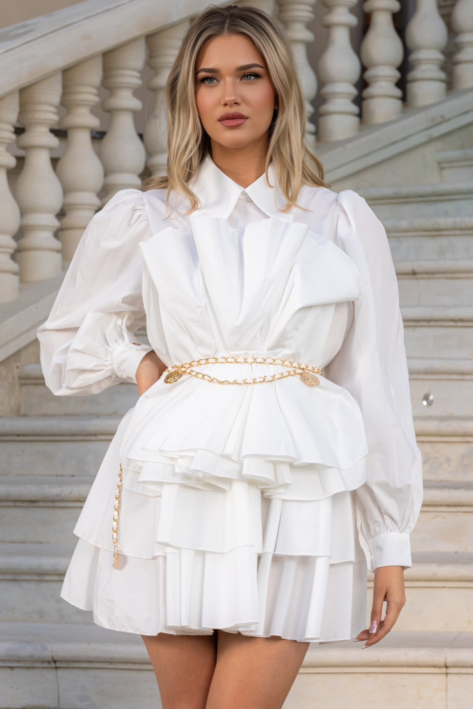 Ruffled Mini Dress Shirt with Puffy Sleeves - White