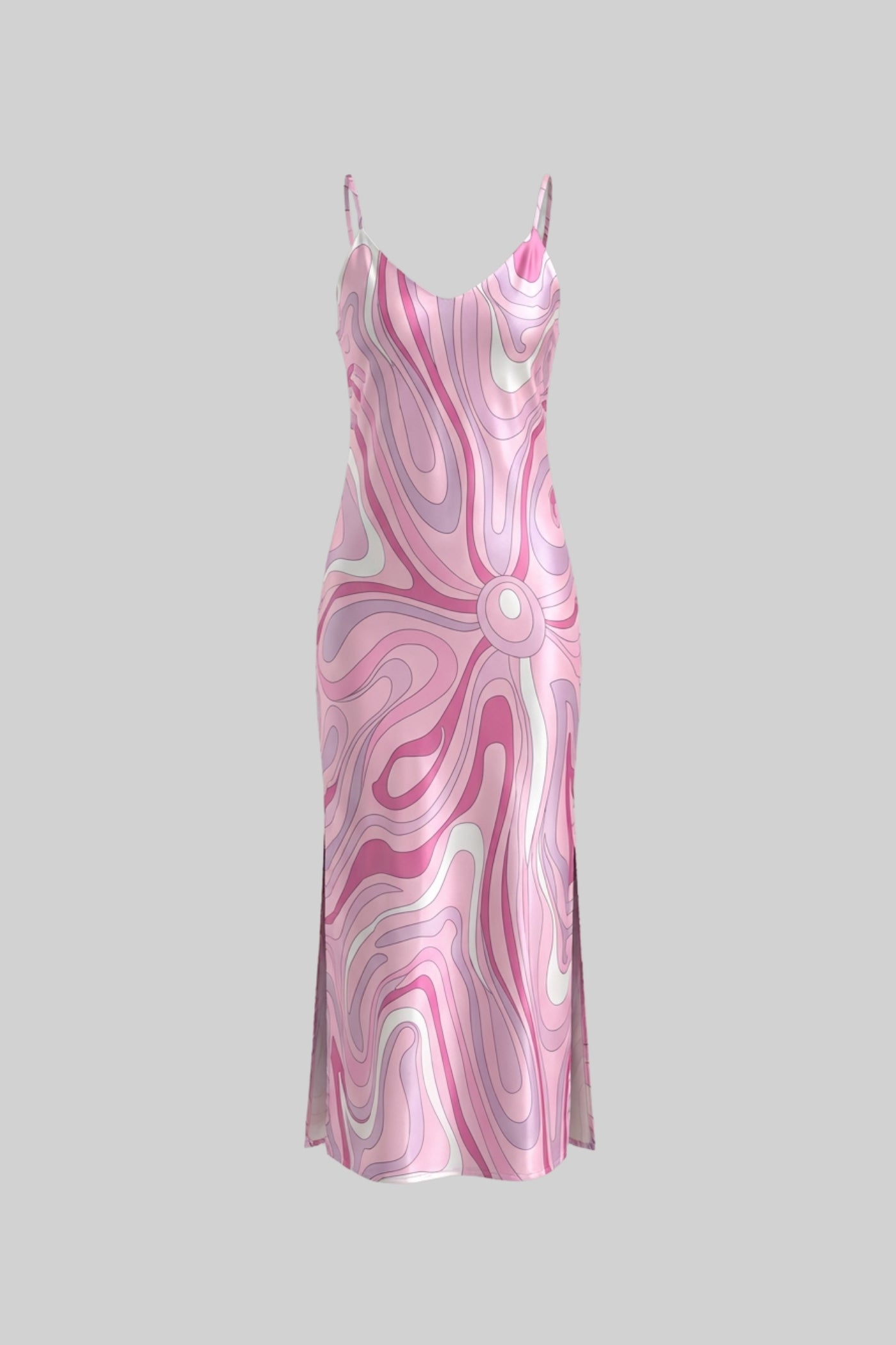 Printed Strappy Midi Dress With Abstract Swirl Pattern - Pink
