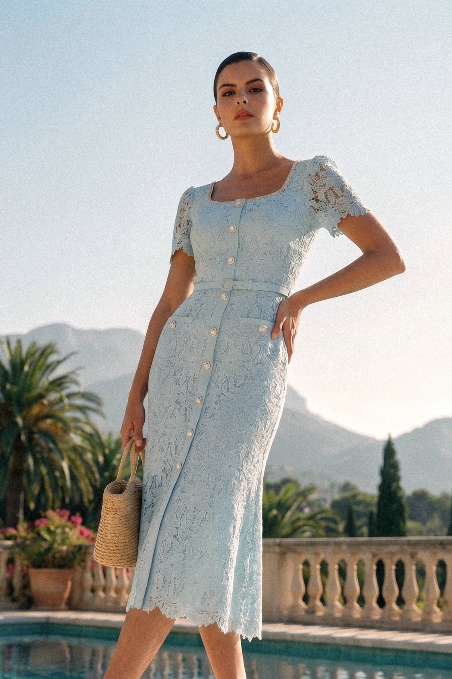 Delicate Azure Lace Midi Dress - Baby Blue