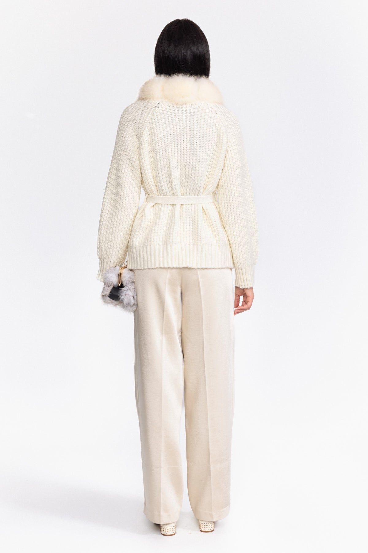 Fox Fur Collar Chunky Knit Belted Cardigan - Off-White