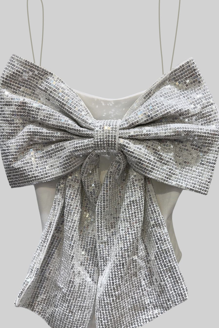 Bodysuit With Large Front Sequin Bow - White