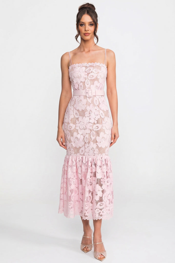 Lace Midi Dress With Belted Waist And Flounce Hem - Pink
