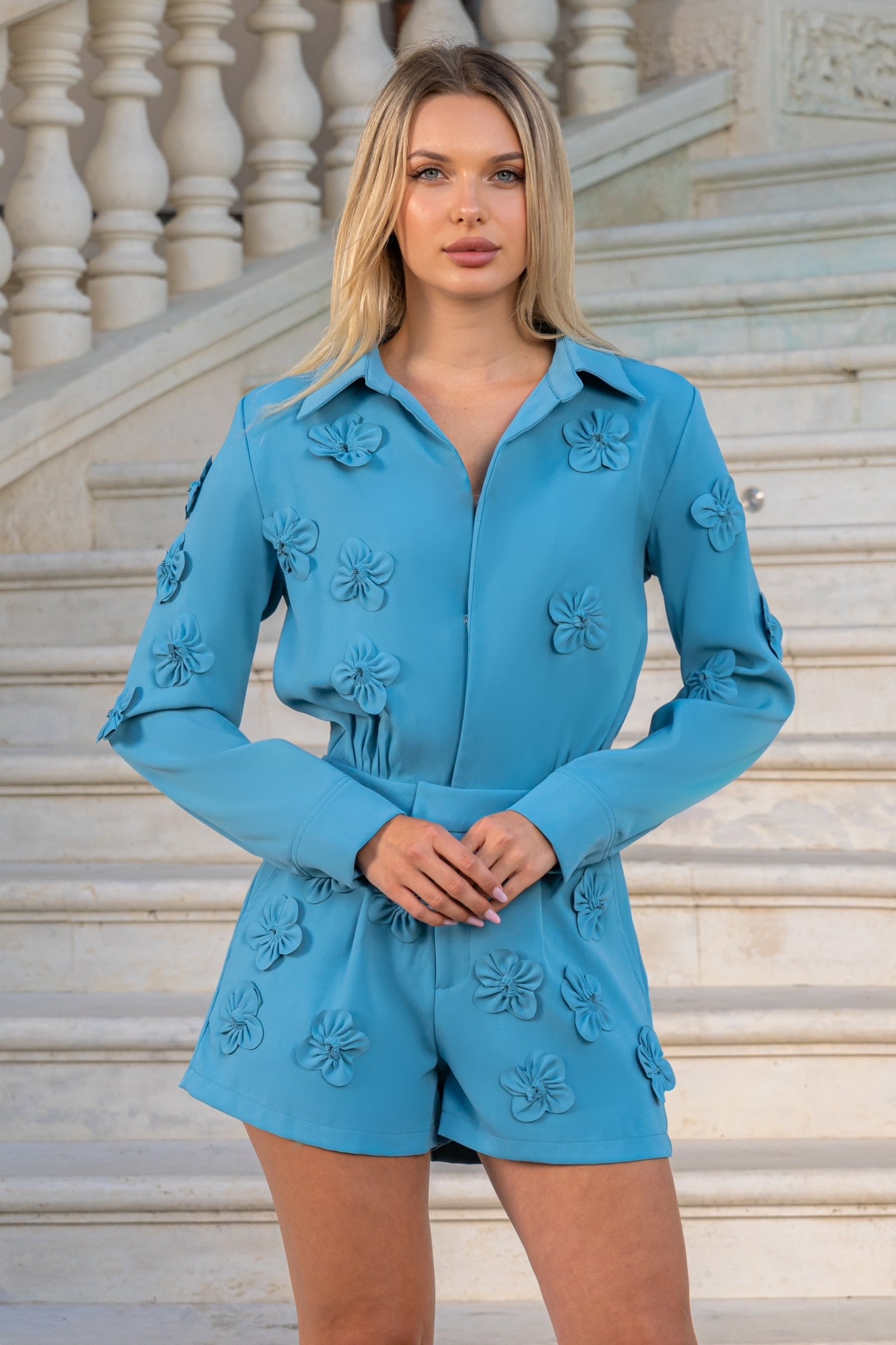 Long Sleeve Floral Jumpsuit - Blue
