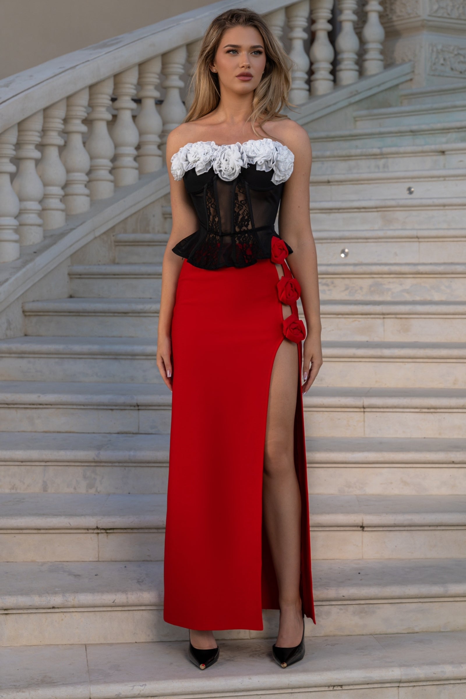 Long Cutout Skirt with Roses - Red