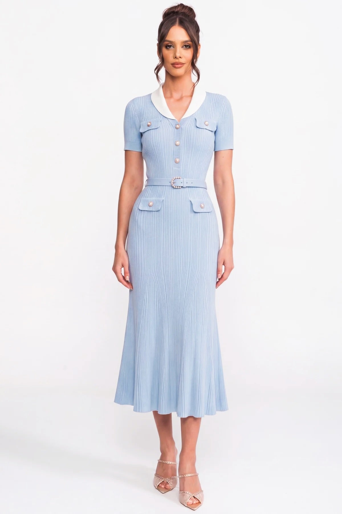 Ribbed Knit Midi Dress With White Collar And Pearl Belt - Light Blue