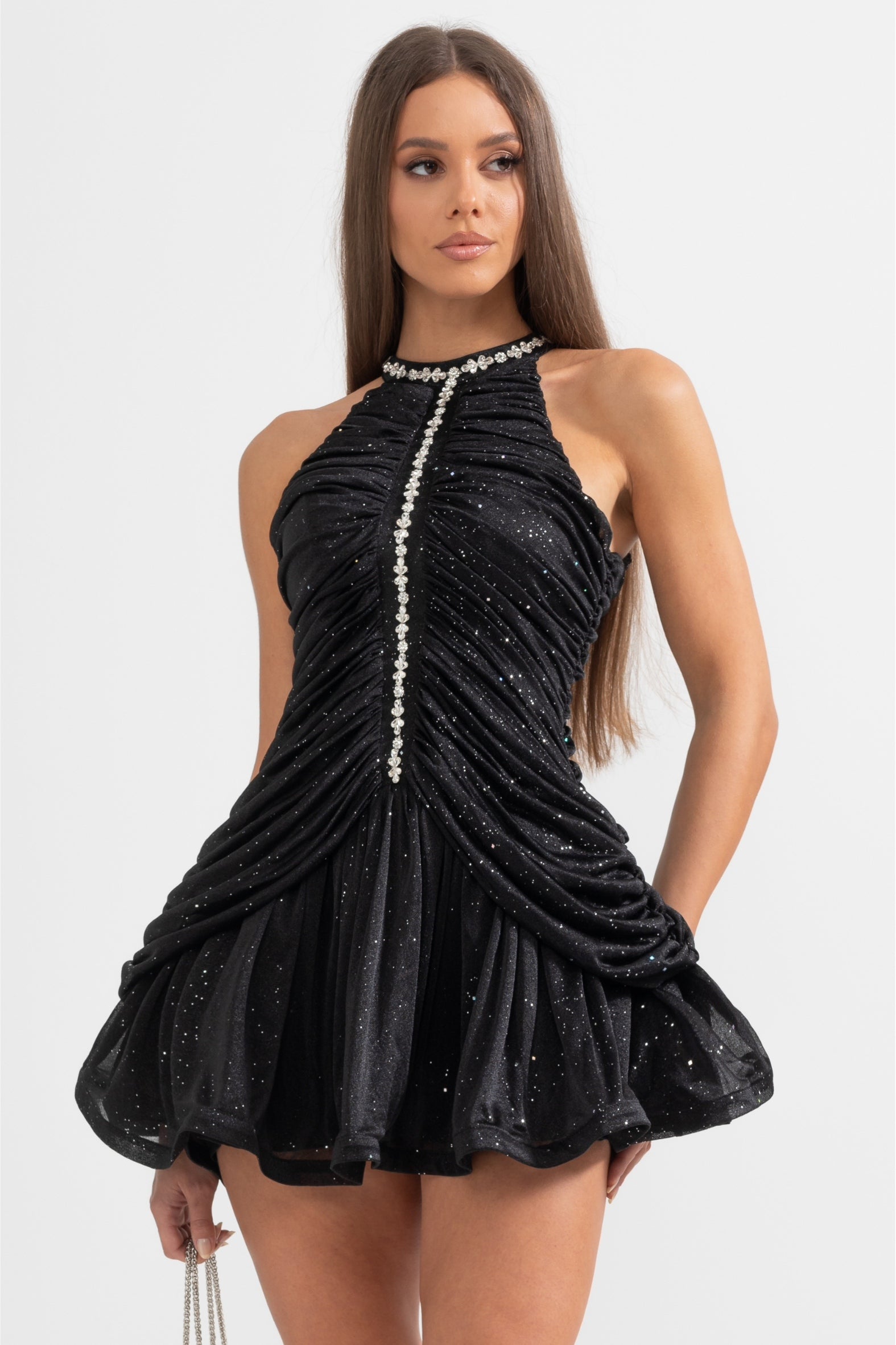 Sleeveless Halter Dress with Pearl Accents - Black