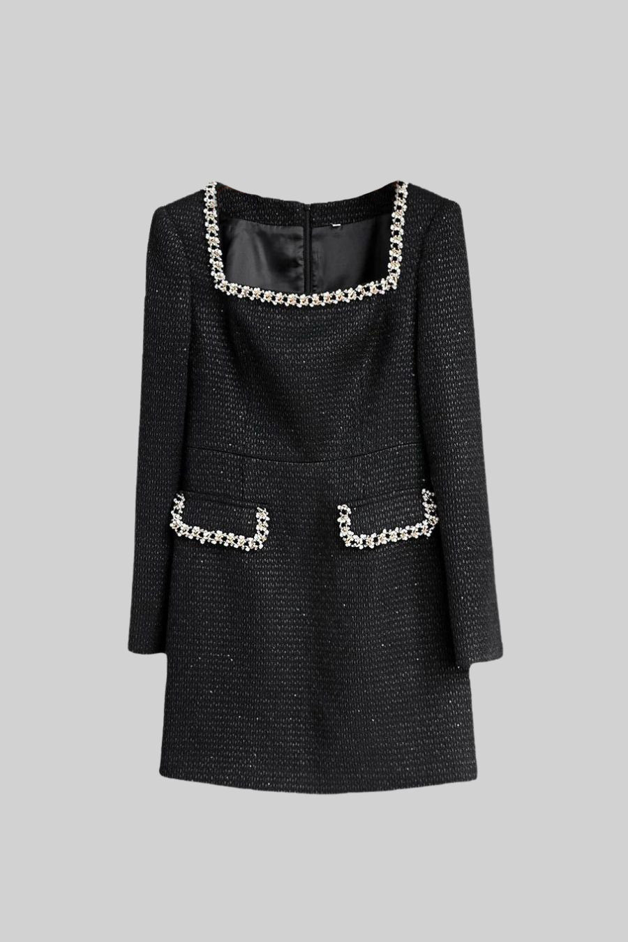 Mini Knit Dress With Square Neckline And Silver Detailing - Black