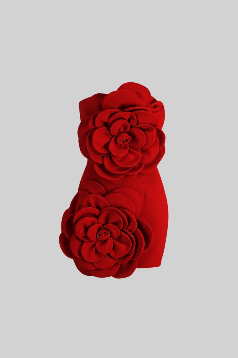 Voluminous Floral Design Mini Dress - Red