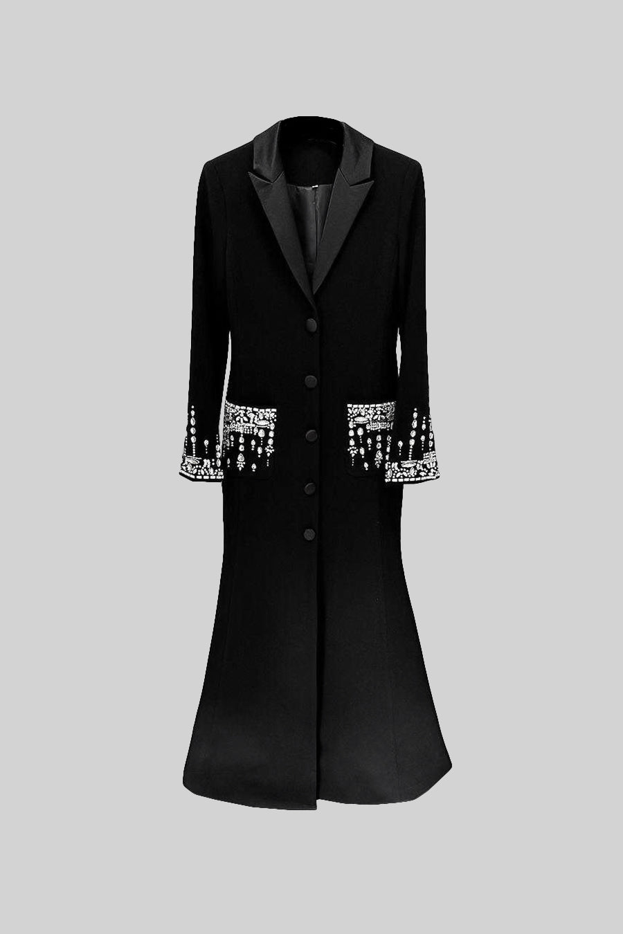 Long Silhouette Dress With Lapels And Crystal Detailing - Black