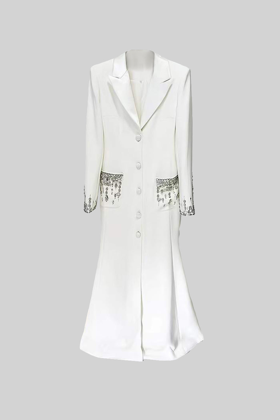 Long Silhouette Dress With Lapels And Crystal Detailing - White