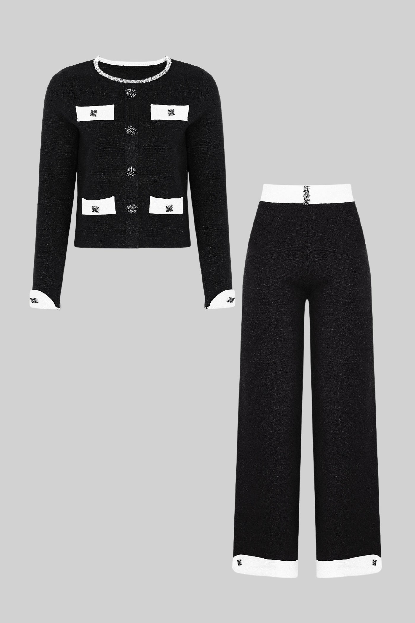 Long Sleeve Knit Co-Ord Set With Contrast Trim And Sparkling Embellishments - Black