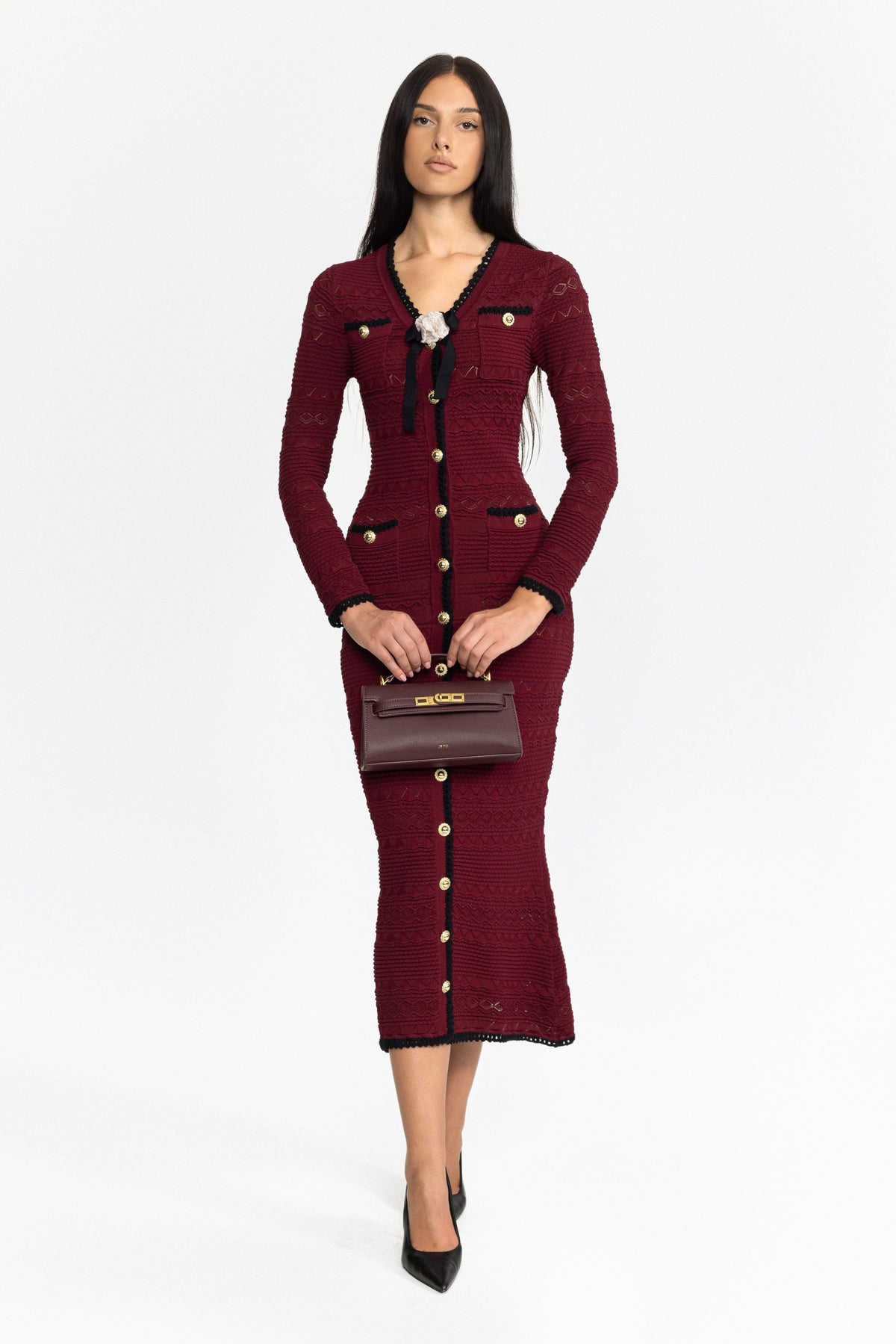 Crochet Trim Knit Button Midi Dress with Flower Brooch - Wine