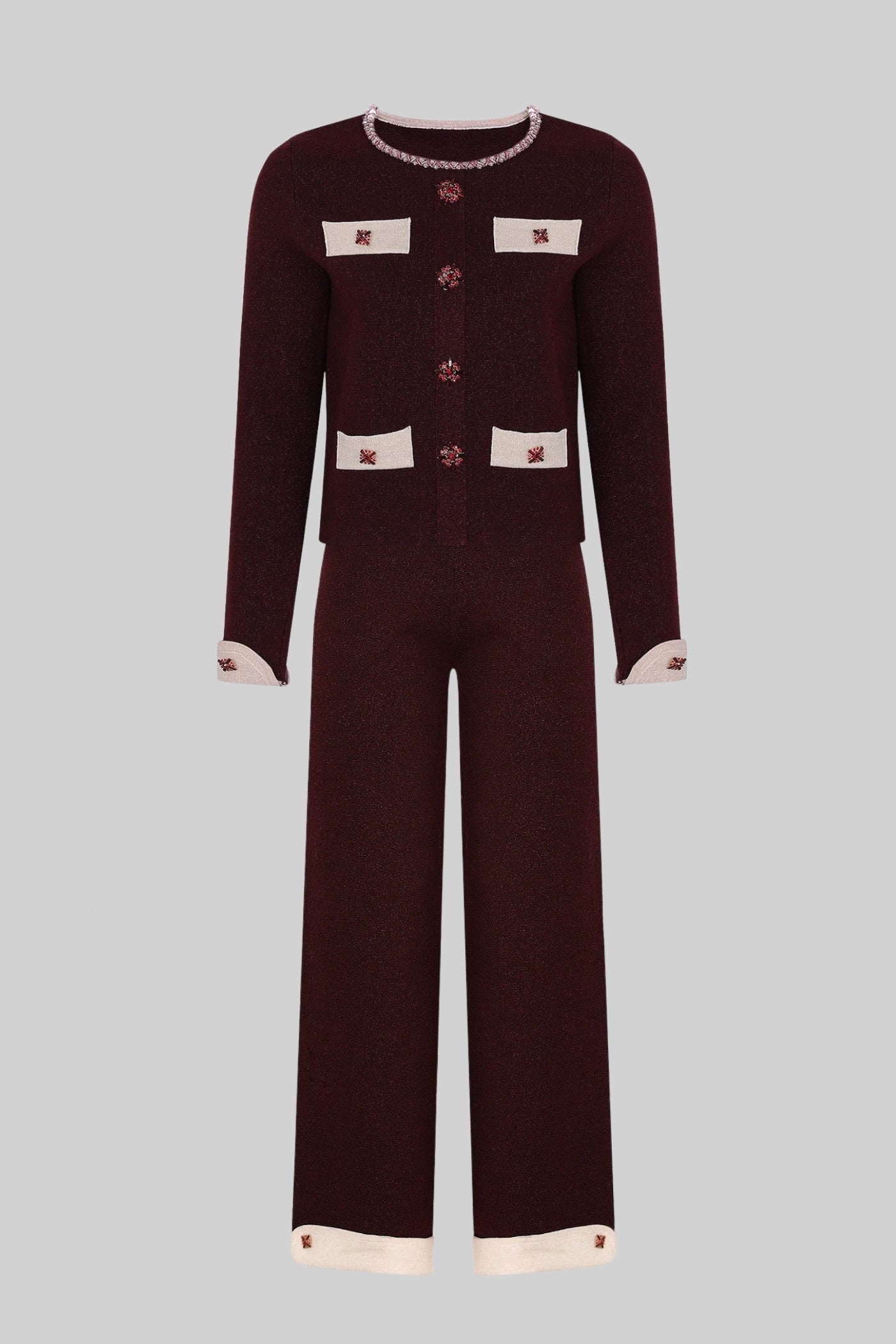 Long Sleeve Knit Co-Ord Set With Contrast Trim And Sparkling Embellishments - Burgundy