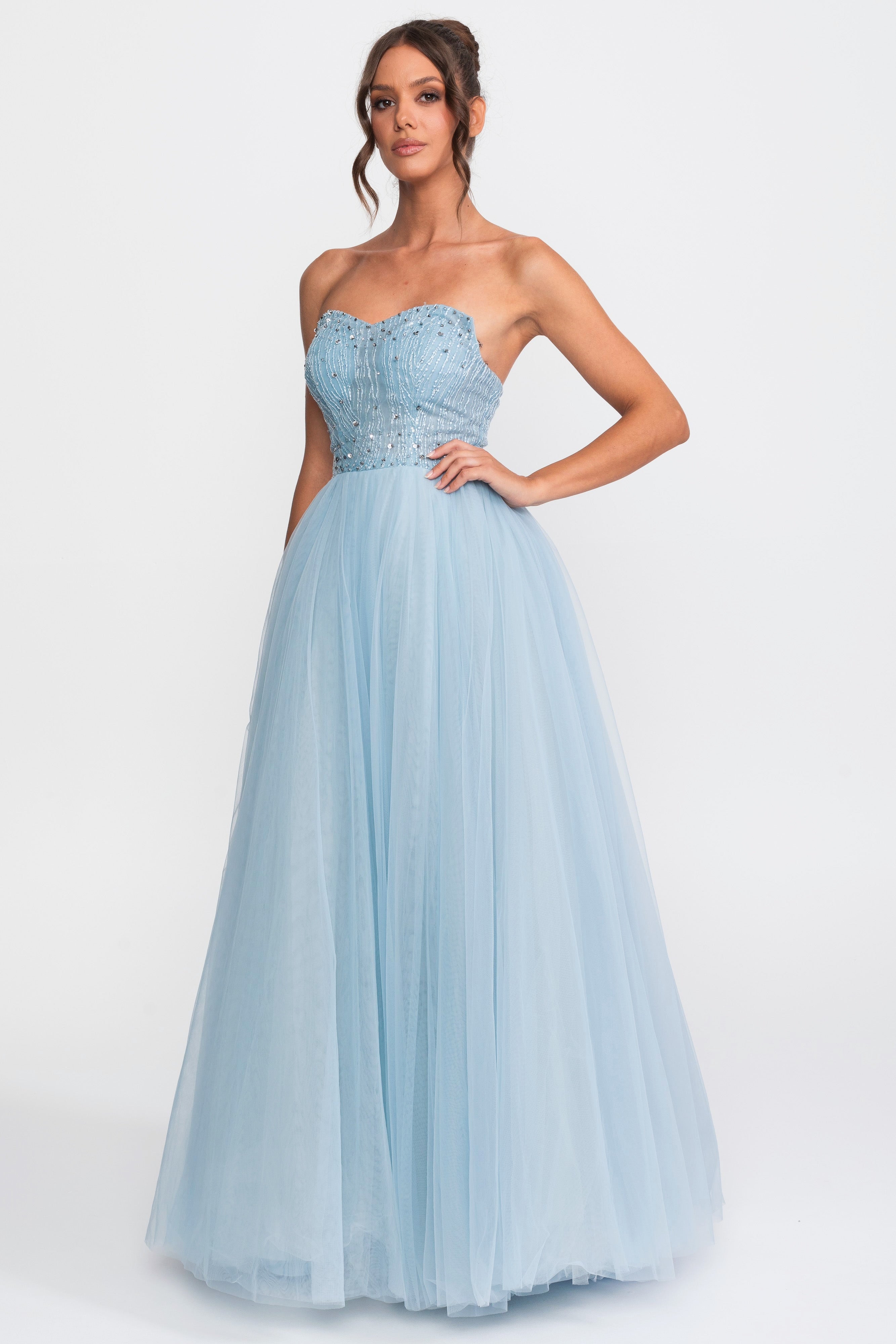 Tulle Strapless Ball Gown With Sequin Embellishments - Light Blue