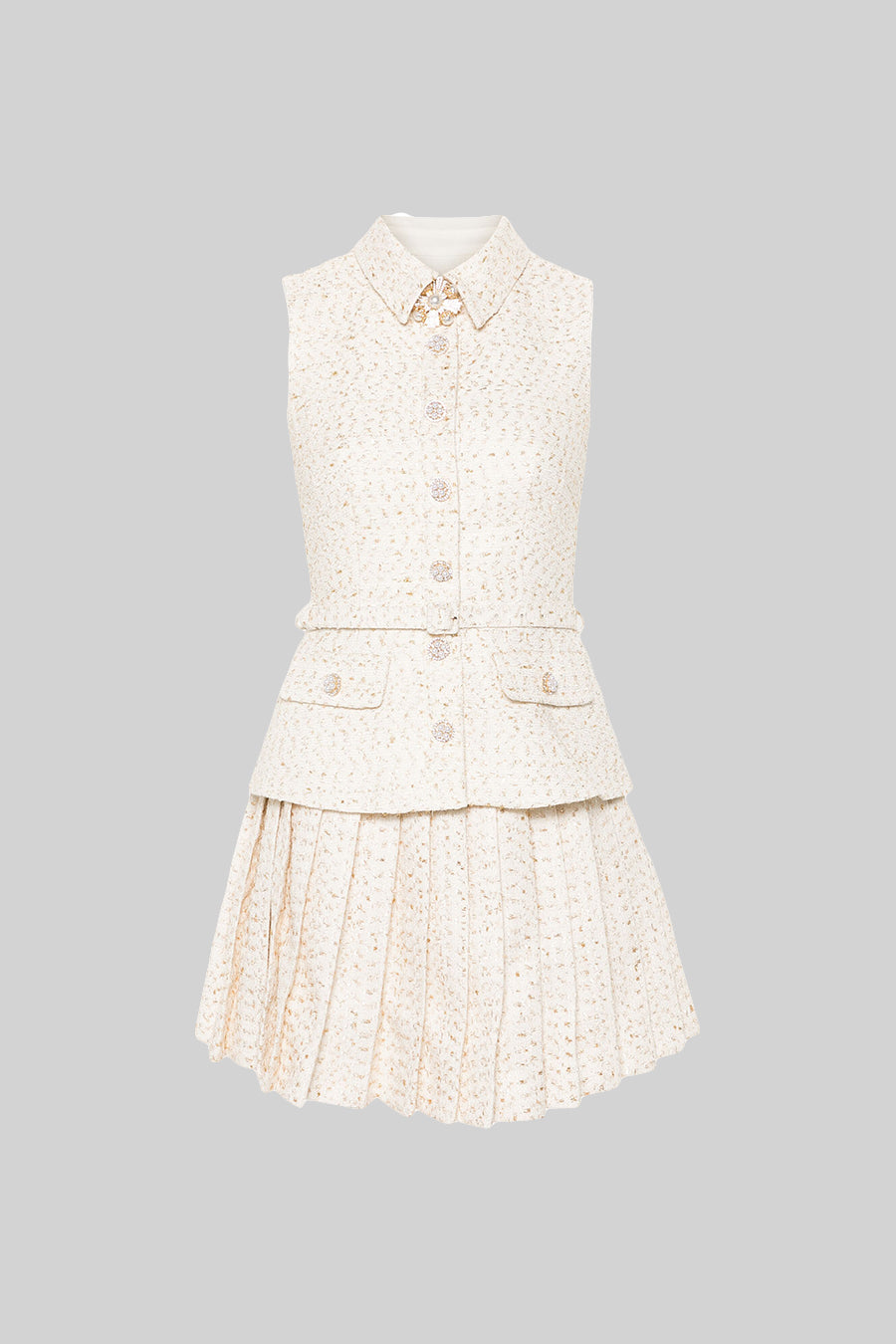 Sleeveless Textured Mini Dress With Pleated Skirt And Waistbelt - Ivoire