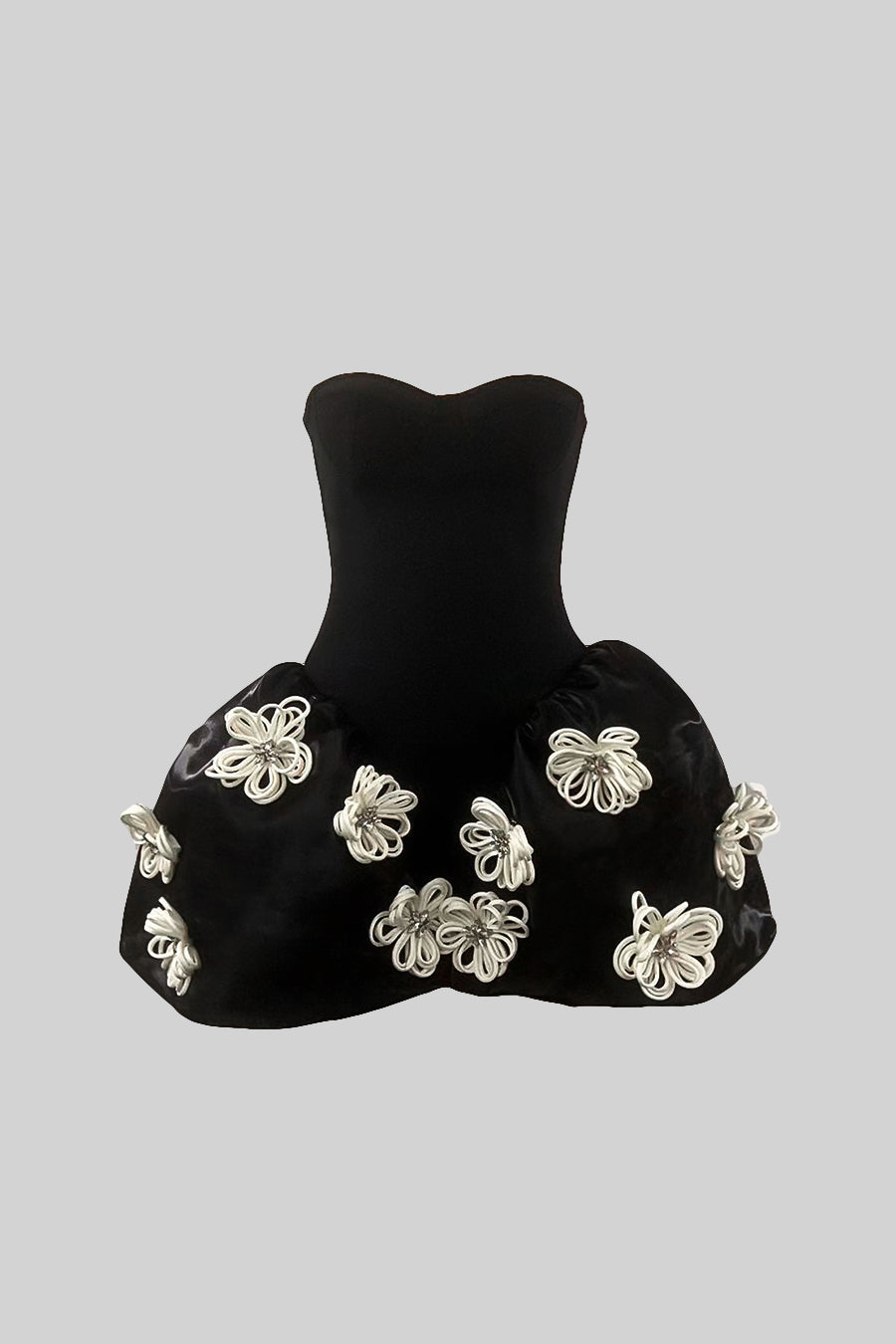 Elegant Mini Dress With 3D Silver Flower Embellishments - Black