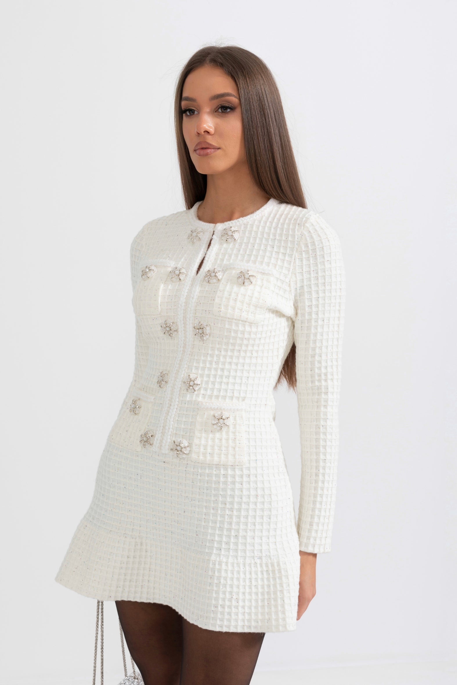 Long Sleeve Knee-Length Knitted Dress - White