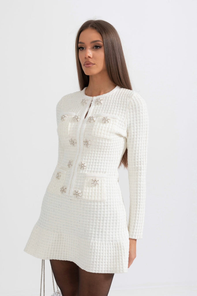 Long Sleeve Knee-Length Knitted Dress - White