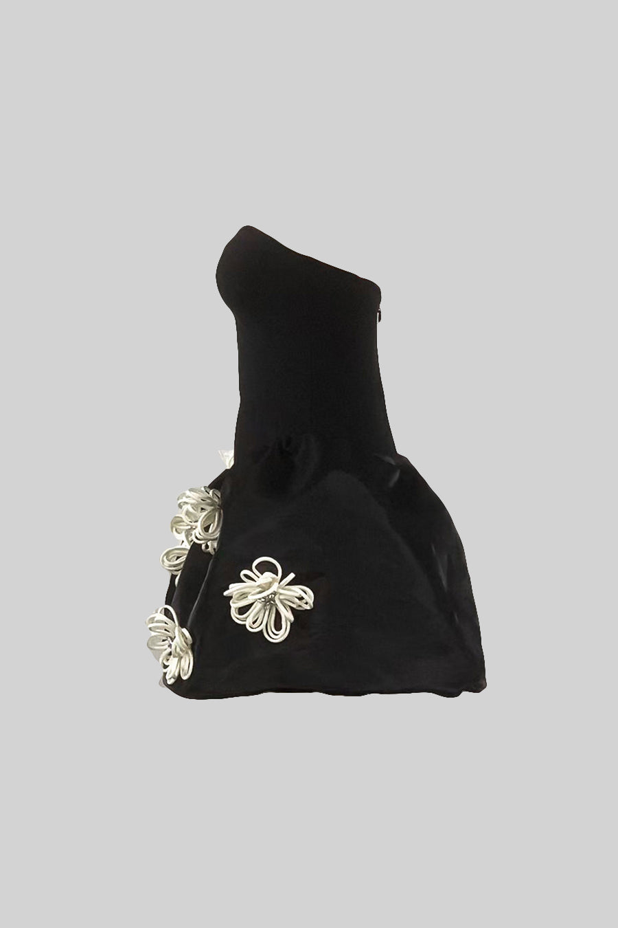 Elegant Mini Dress With 3D Silver Flower Embellishments - Black