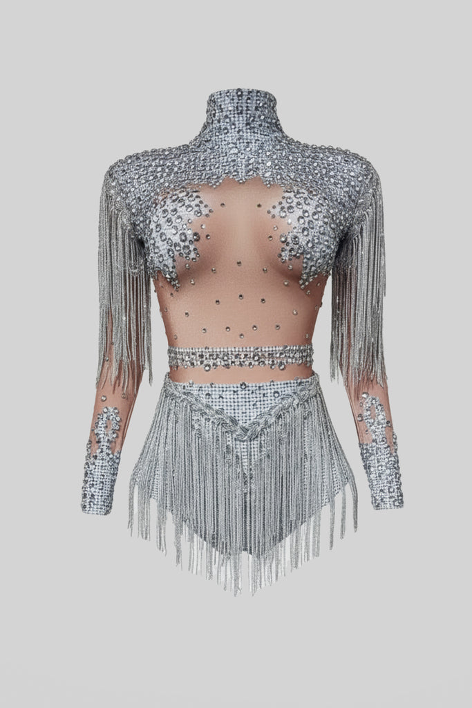 Fringed Bodysuit With Sparkling Sequin Embellishments – Silver
