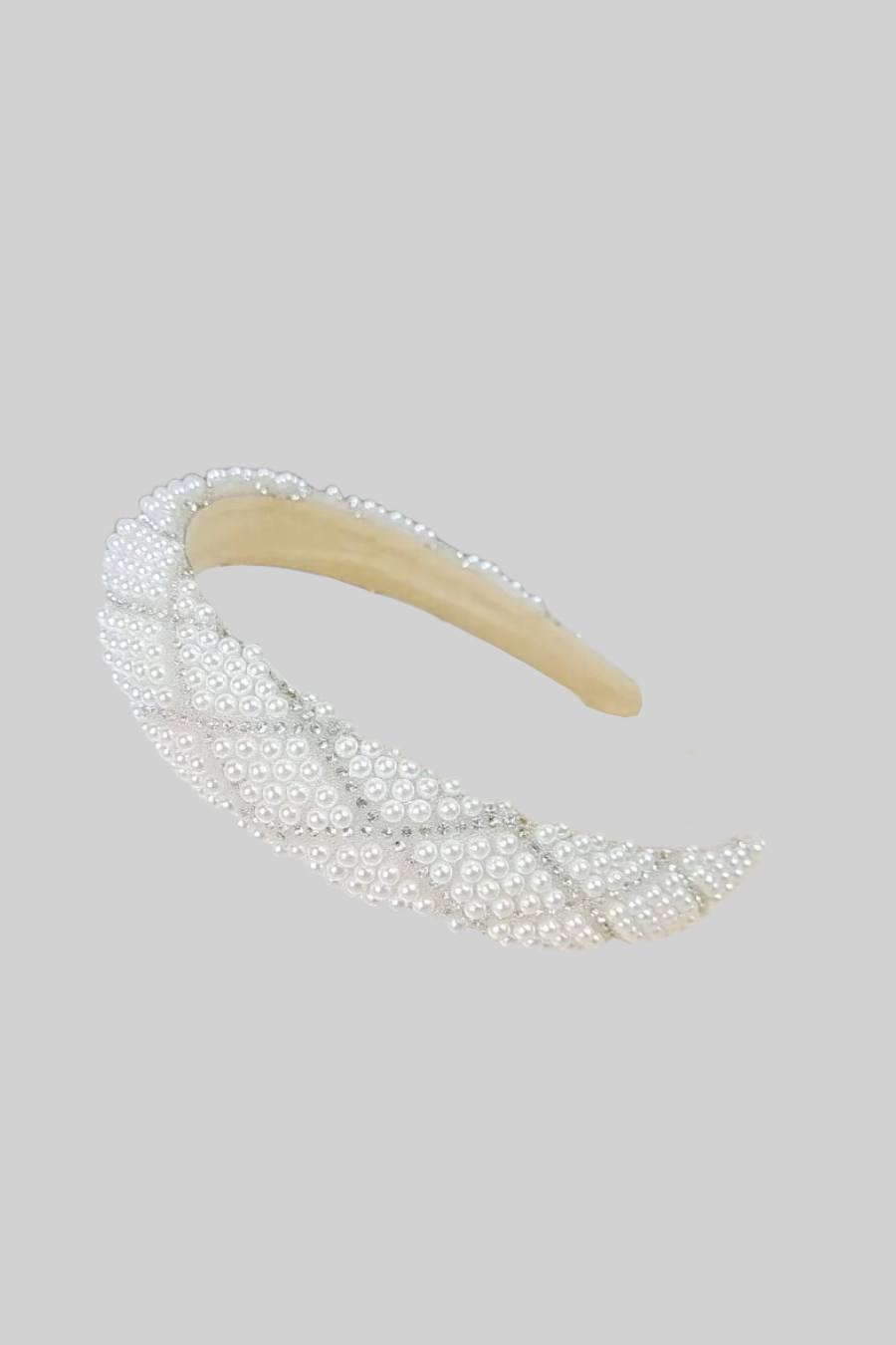 Diamond Pattern Sparkling Headband With Pearl Embellishments - White