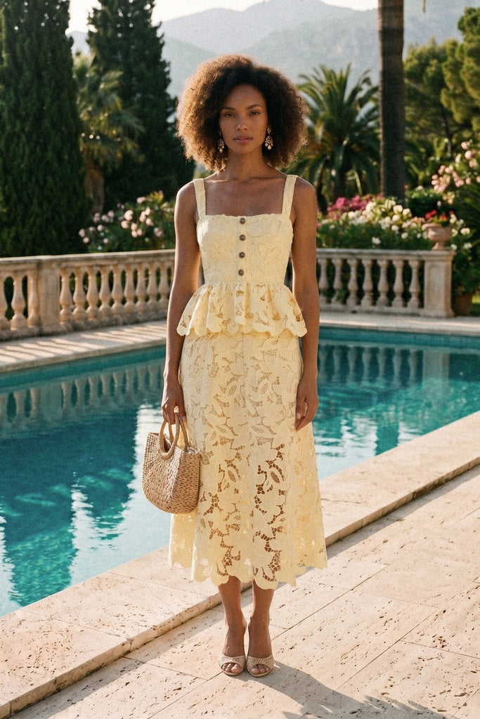 Sleeveless Lace Peplum Dress With Midi Skirt And Golden Buttons - Yellow