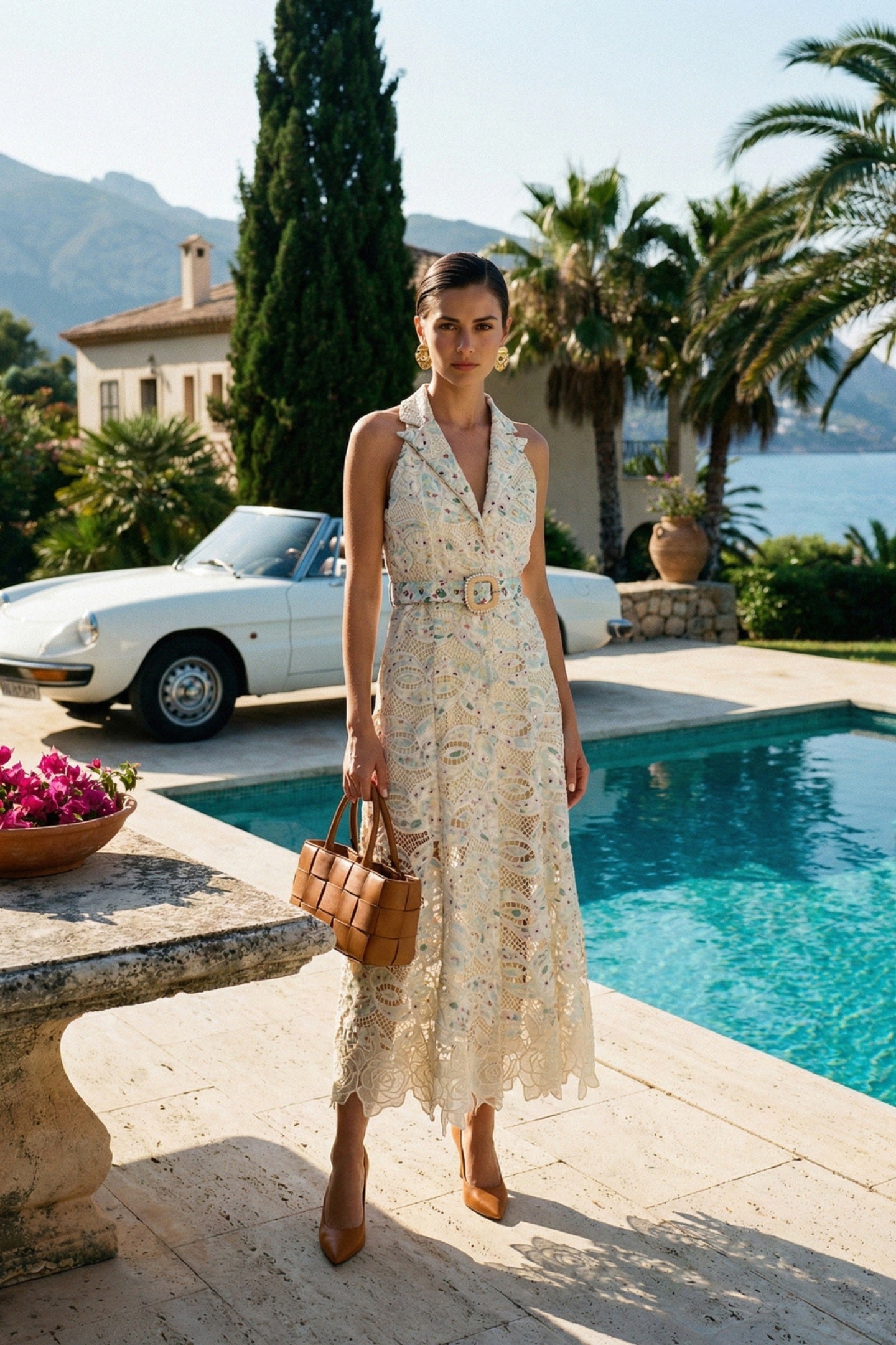 Halter Lace Midi Dress with Belted Waist – Ivoire