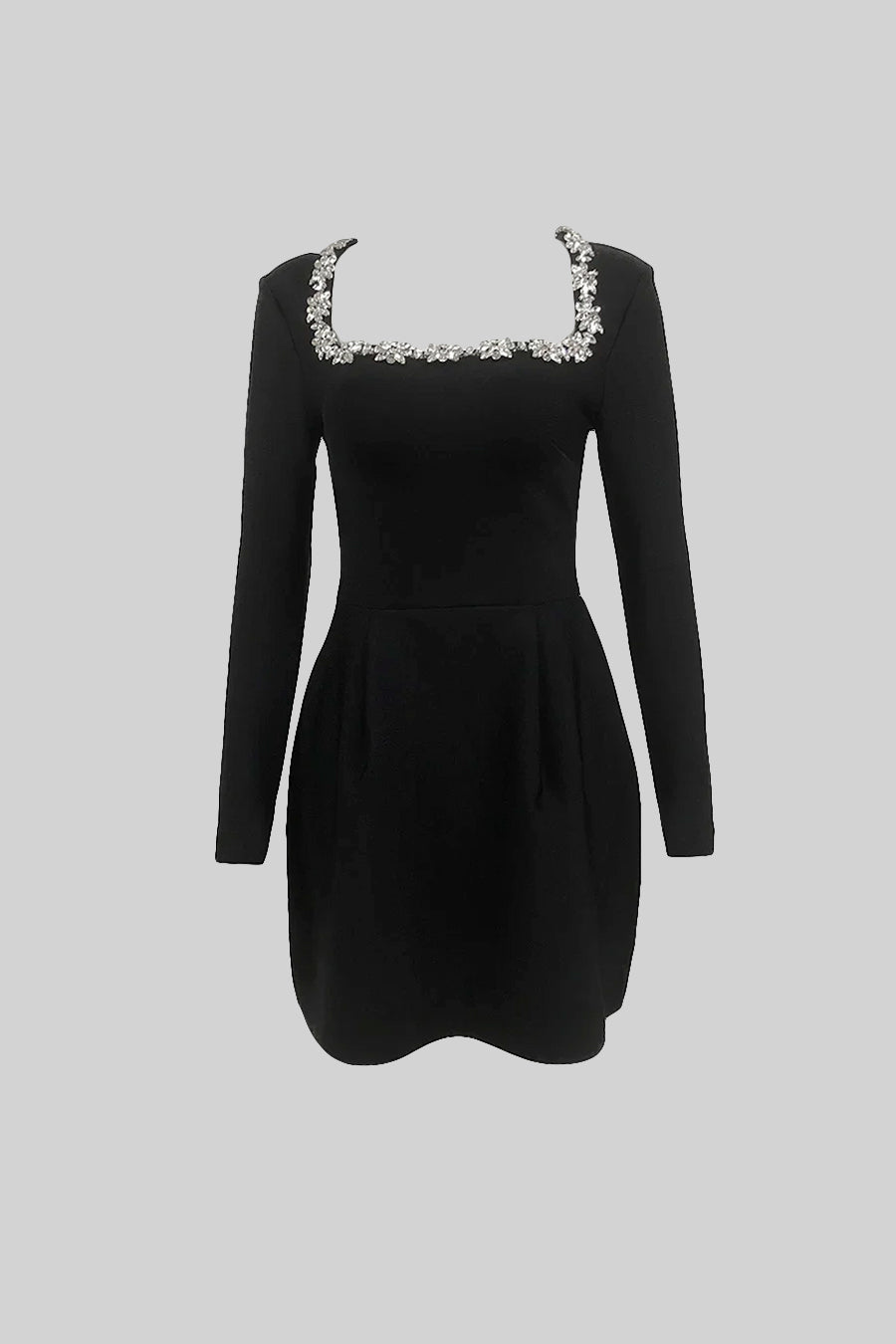 Elegant Dress With Square Neckline And Silver Floral Detailing - Black