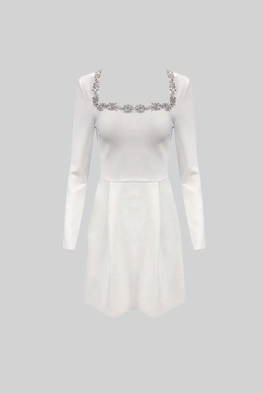 Elegant Dress With Square Neckline And Silver Floral Detailing - White