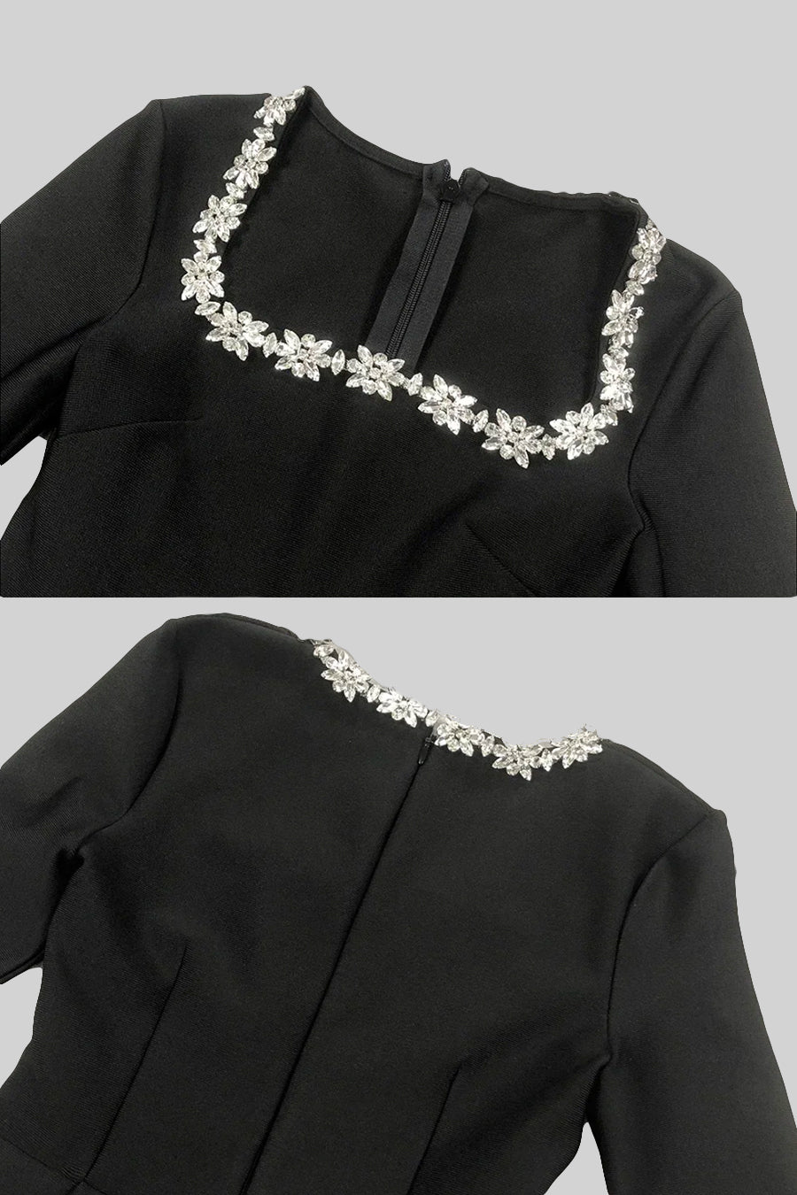 Elegant Dress With Square Neckline And Silver Floral Detailing - Black