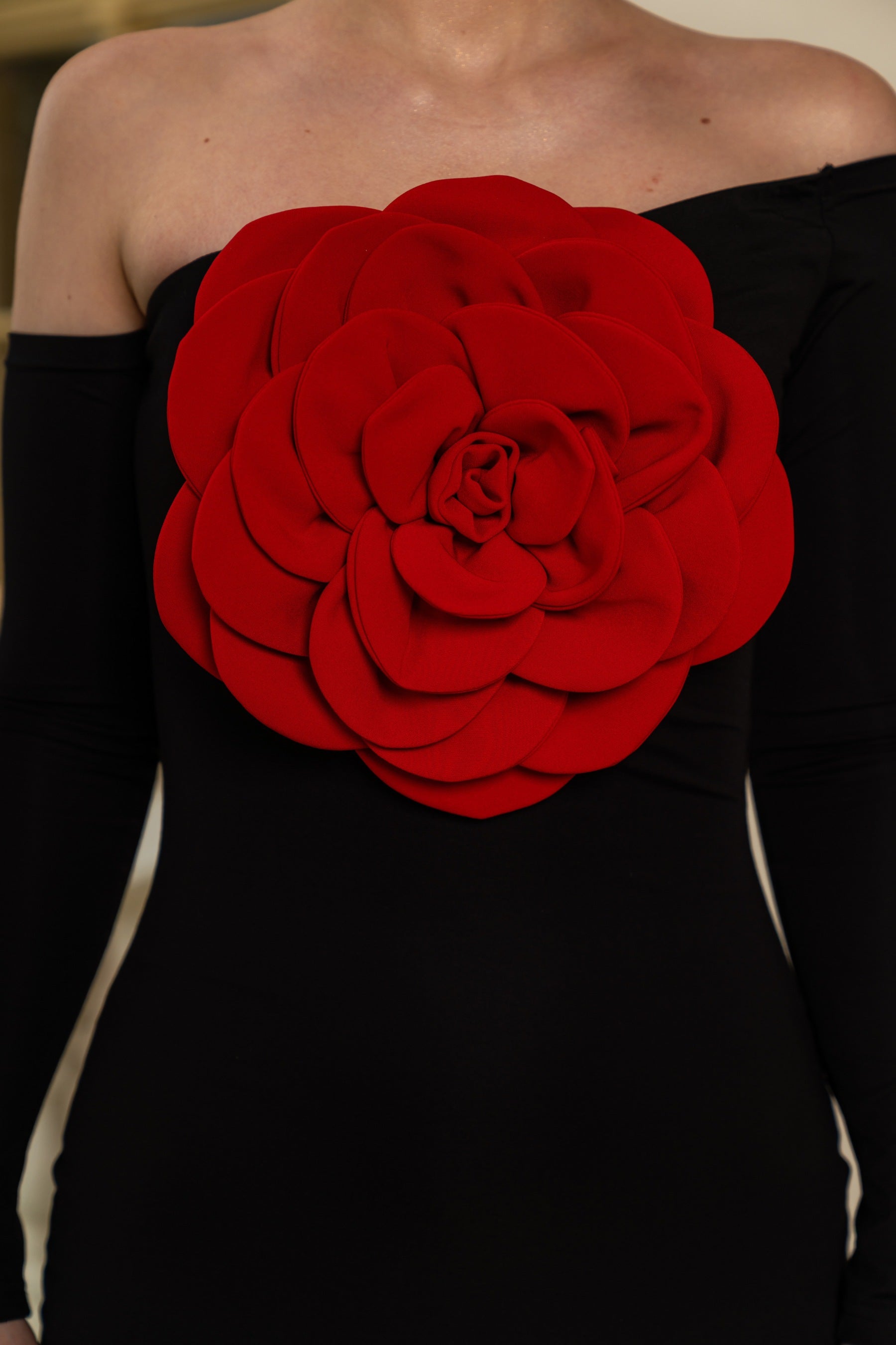 Off Shoulder Maxi Dress with Floral Detail - Black