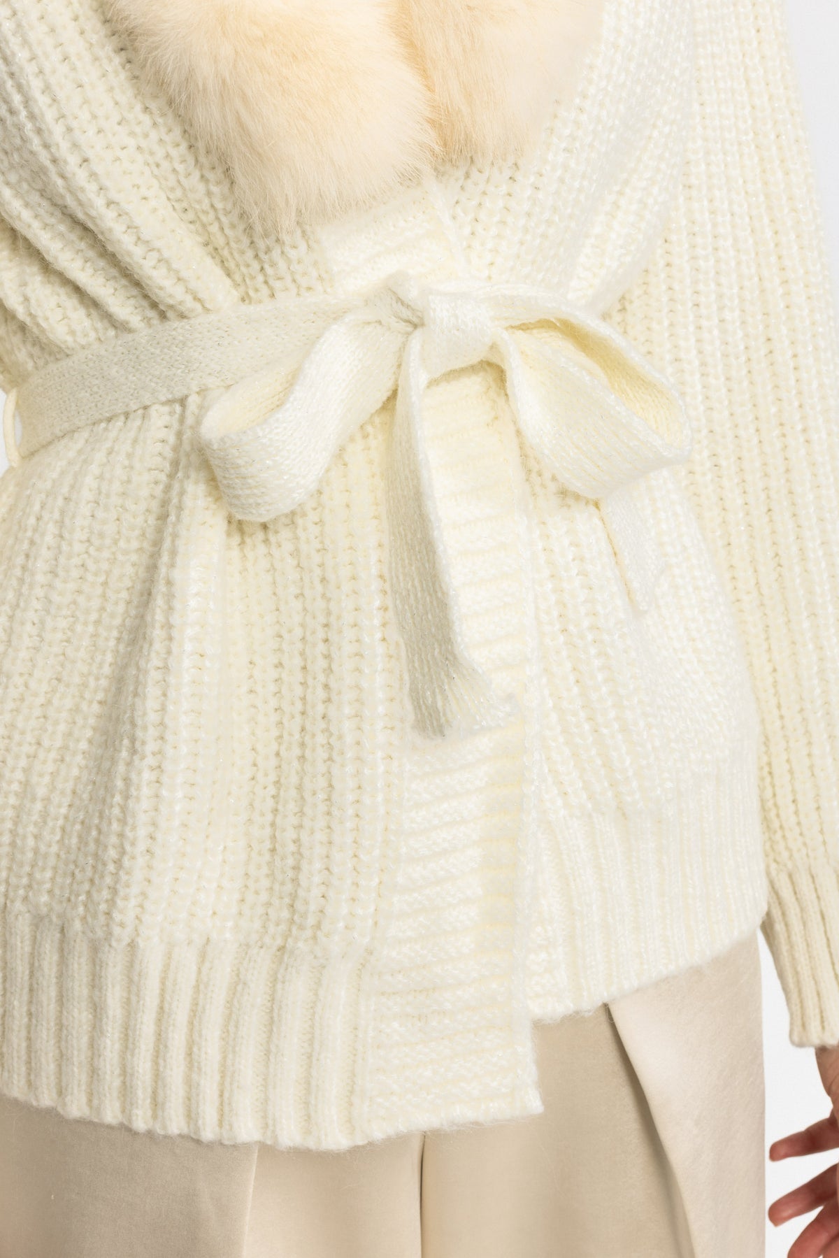 Fox Fur Collar Chunky Knit Belted Cardigan - Off-White
