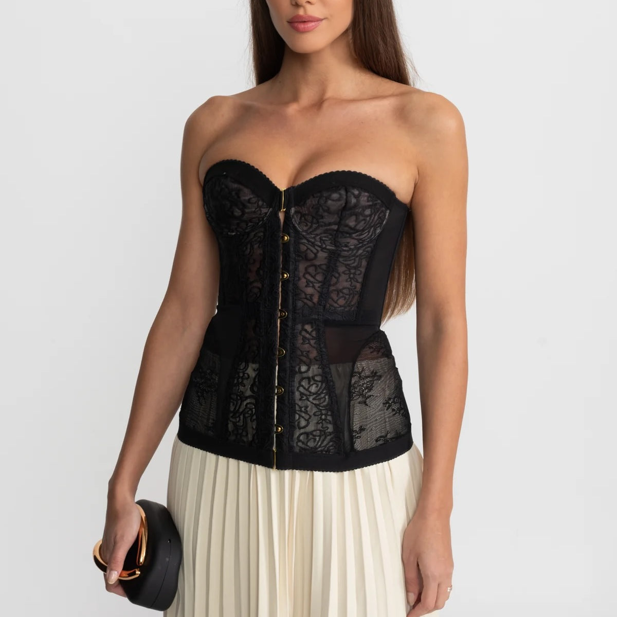 Strapless Lace Corset Top with Boning and Front Closure