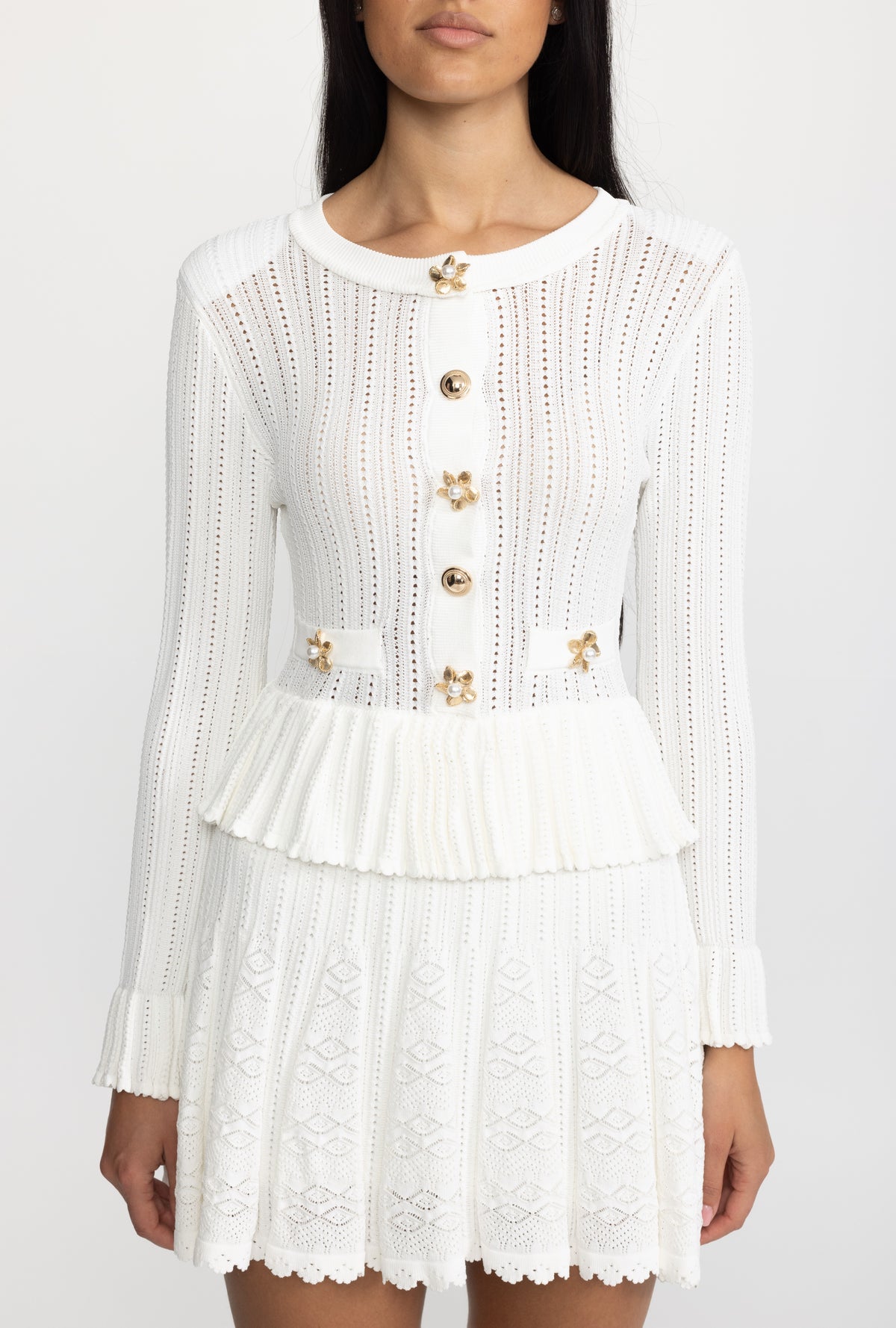 Pointelle Knit Peplum Mini Dress with Flower Buttons - White
