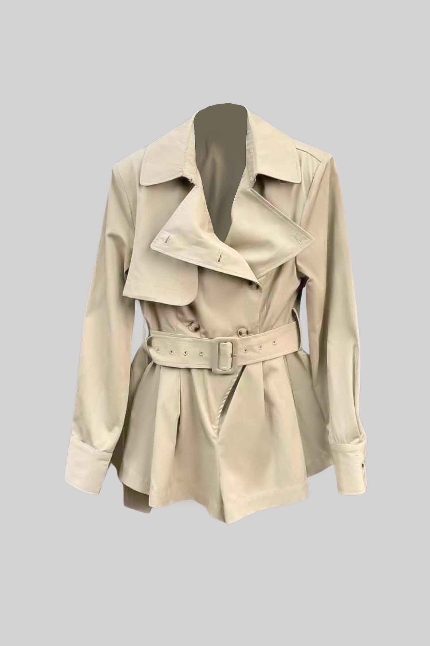 Trench Jacket with Belted Waist and Structured Lapel - Beige