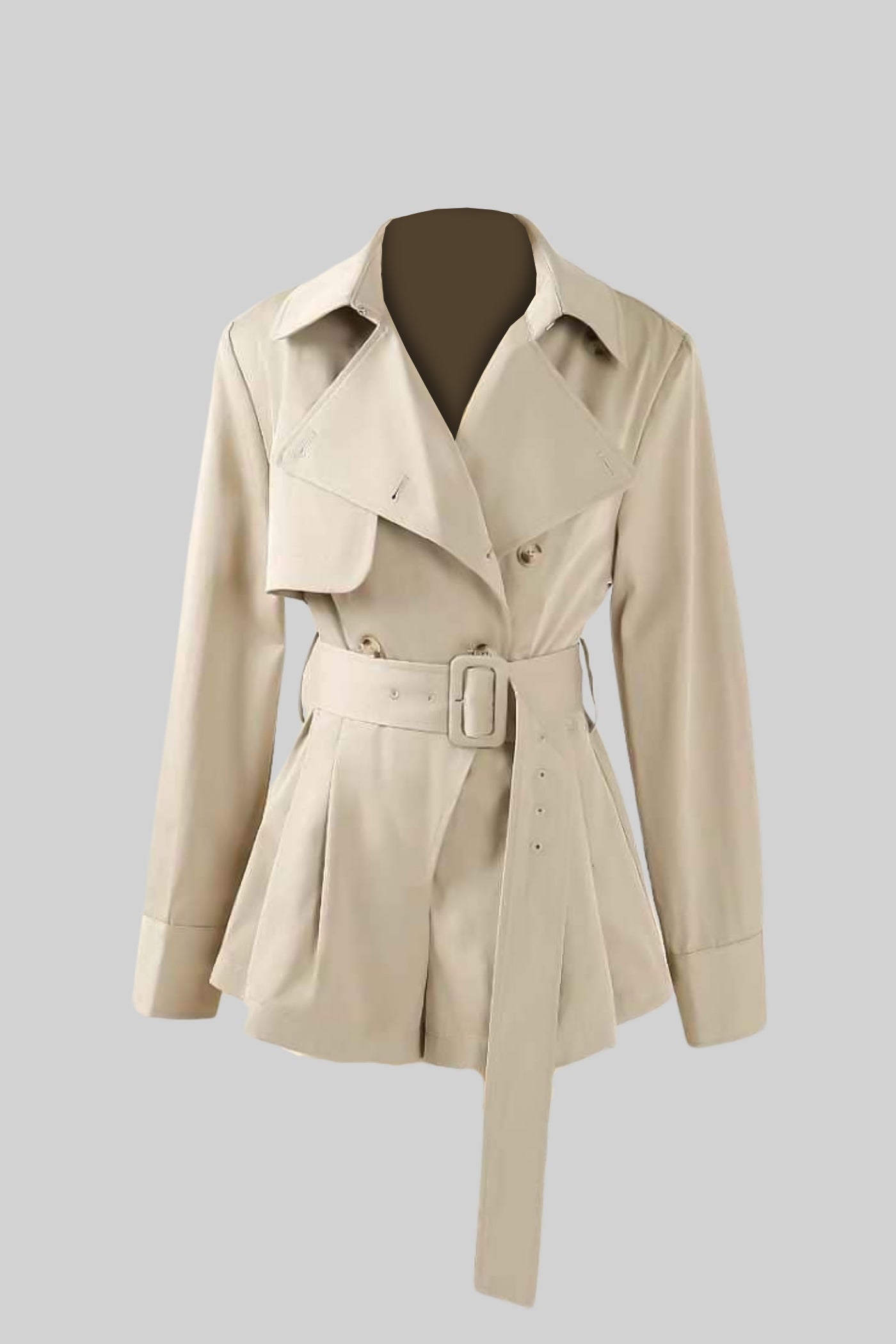 Trench Jacket with Belted Waist and Structured Lapel - Beige