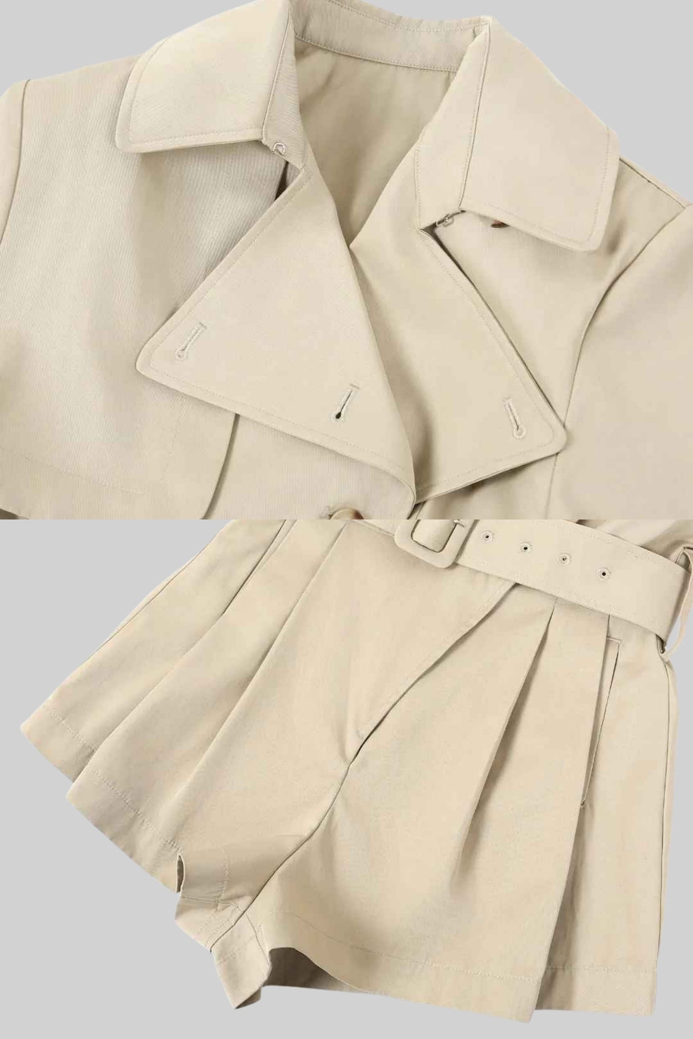 Trench Jacket with Belted Waist and Structured Lapel - Beige