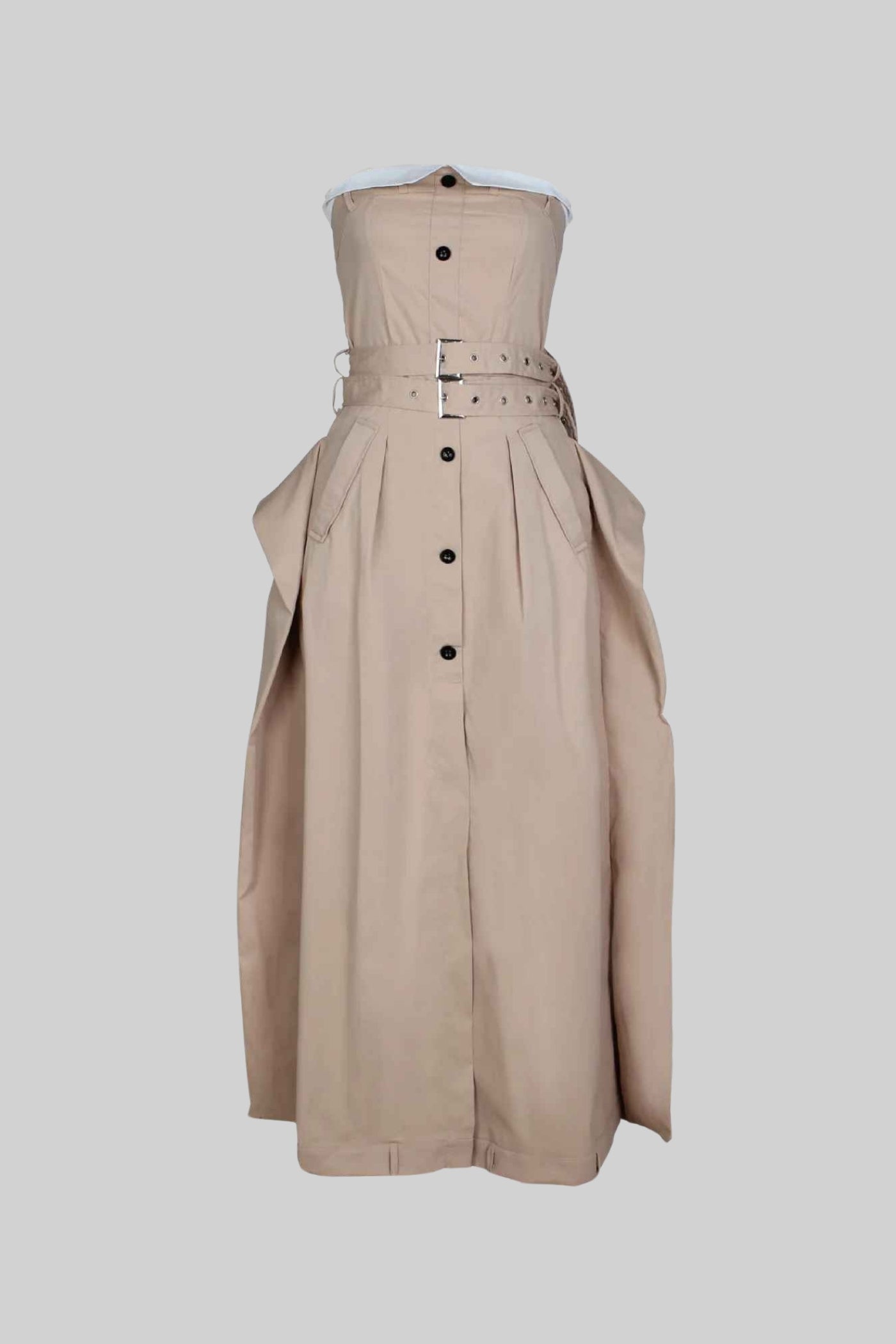 Strapless Trench Dress with Belted Waist and Buttoned Front - Beige