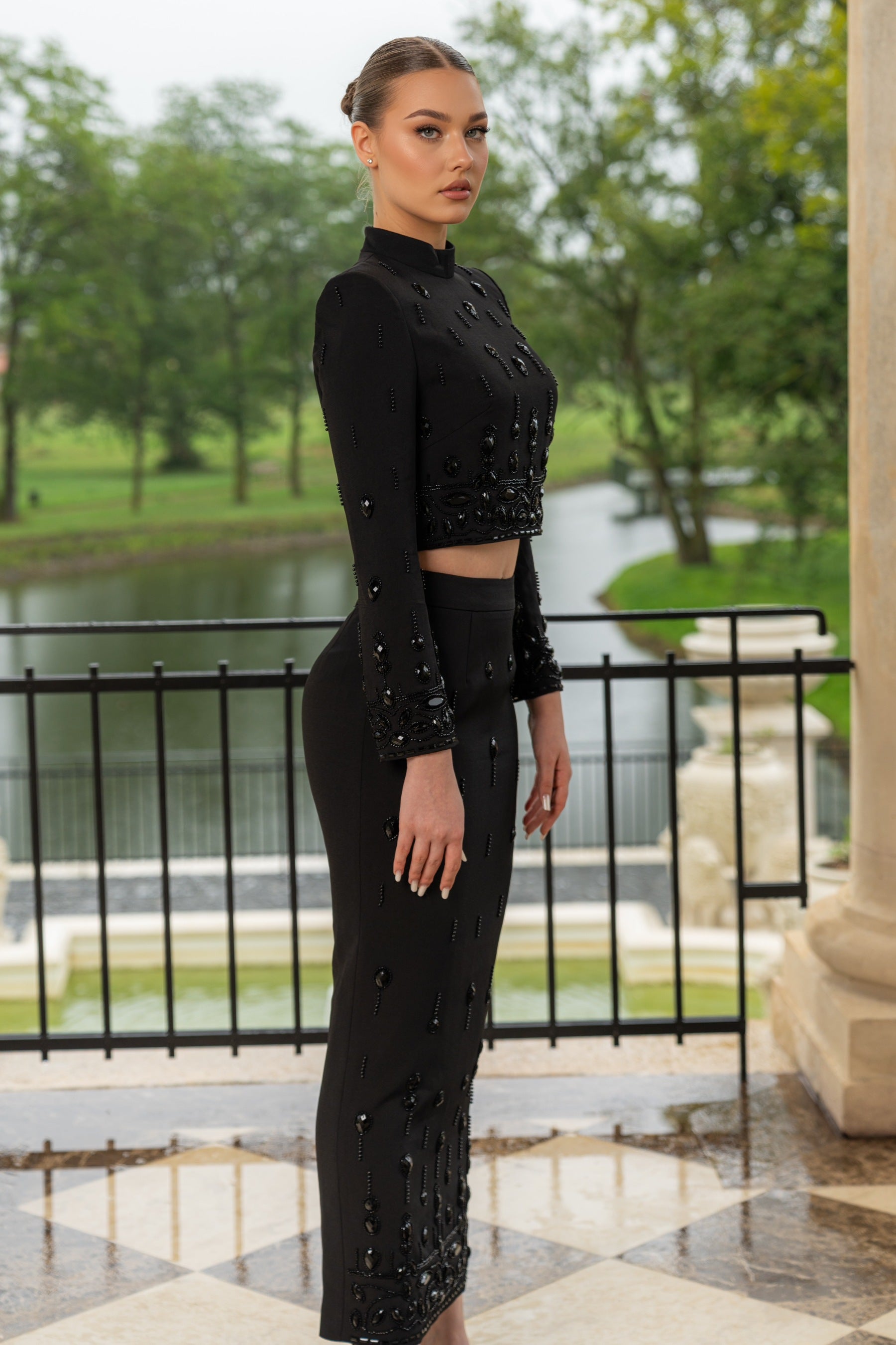 Diamond Embellished Co-Ord with Maxi Skirt - Black