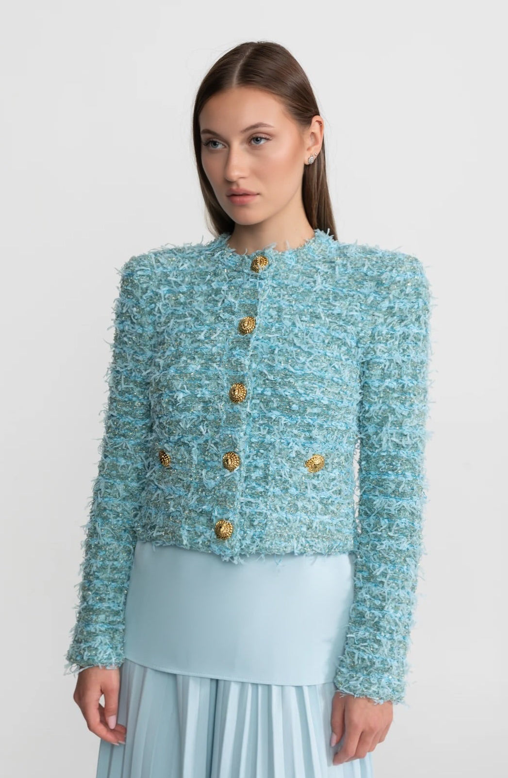 Textured Tweed Jacket With Gold Button Embellishments – Blue